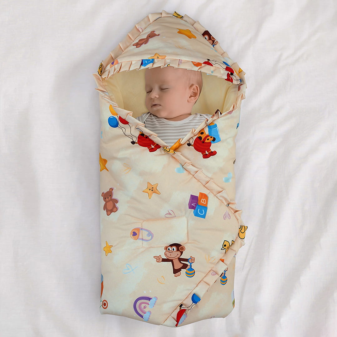 Baby Moo Zebra in Pram Premium Quilted Hood Wrapper - Yellow - Baby Moo