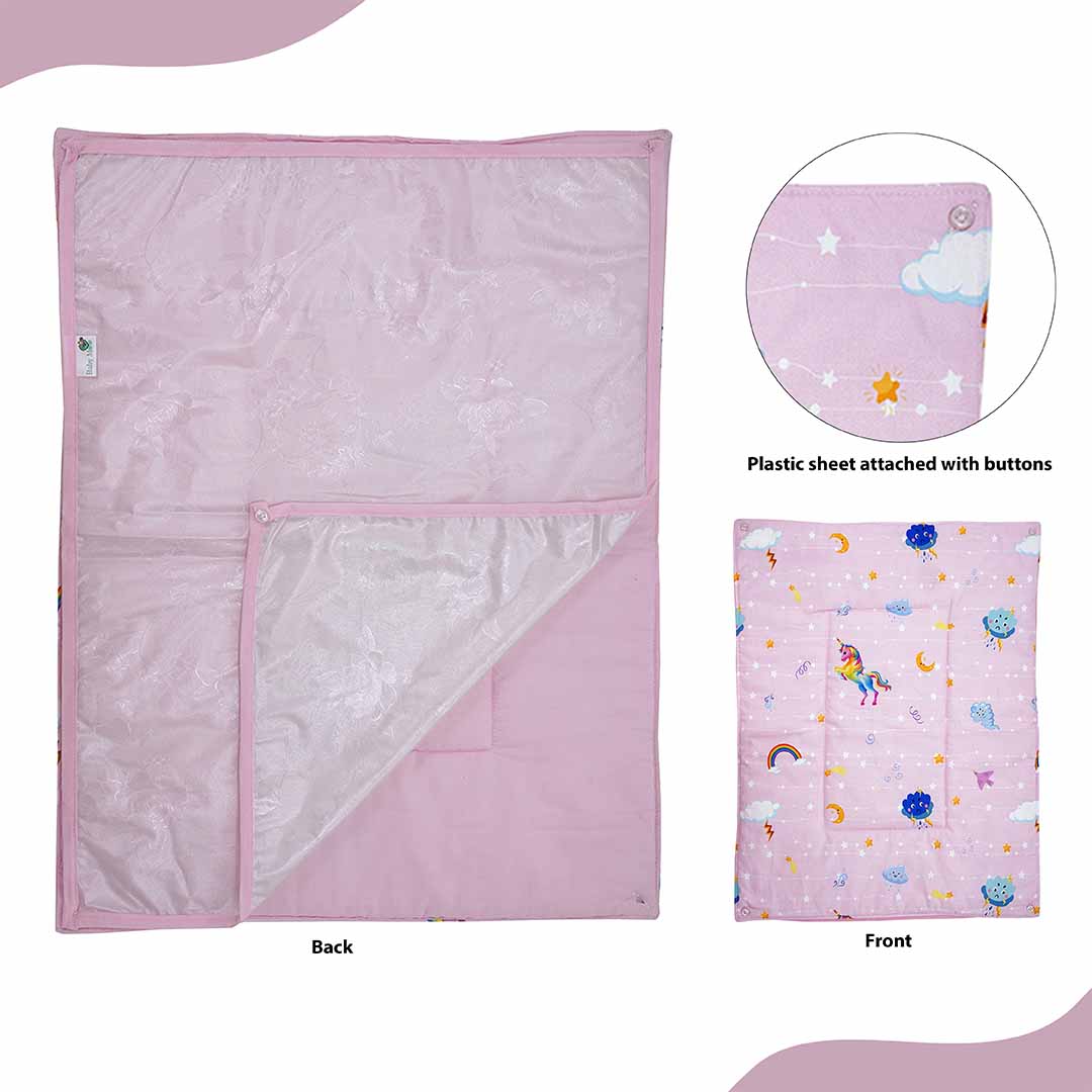 Baby Moo Unicorn 3 Quilted Cotton And 1 Attachable Waterproof Diaper Changing Sheet Set - Pink - Baby Moo