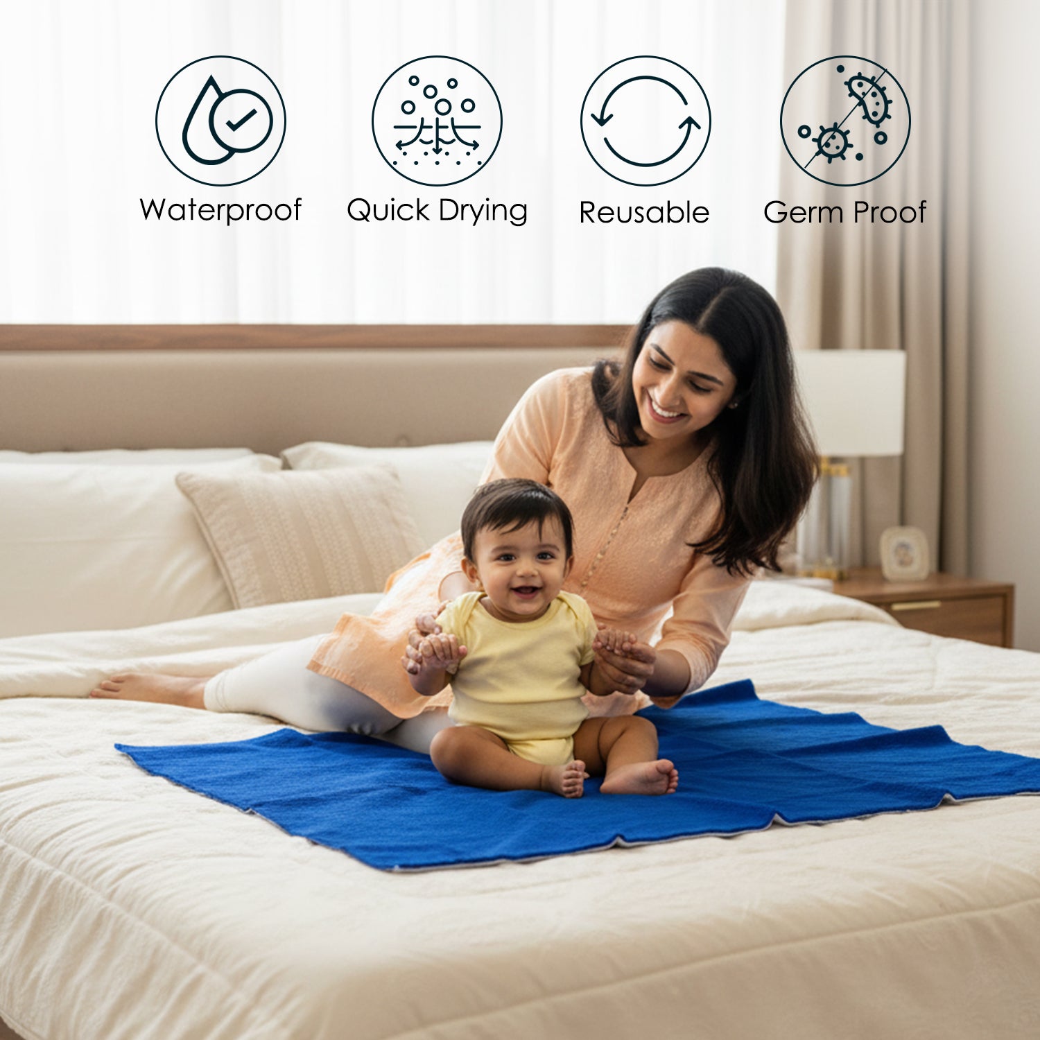 Baby Moo Plain Changeable Dry Sheet Water-resistant Bed Protector Pack Of 2 - Royal Blue, Red
