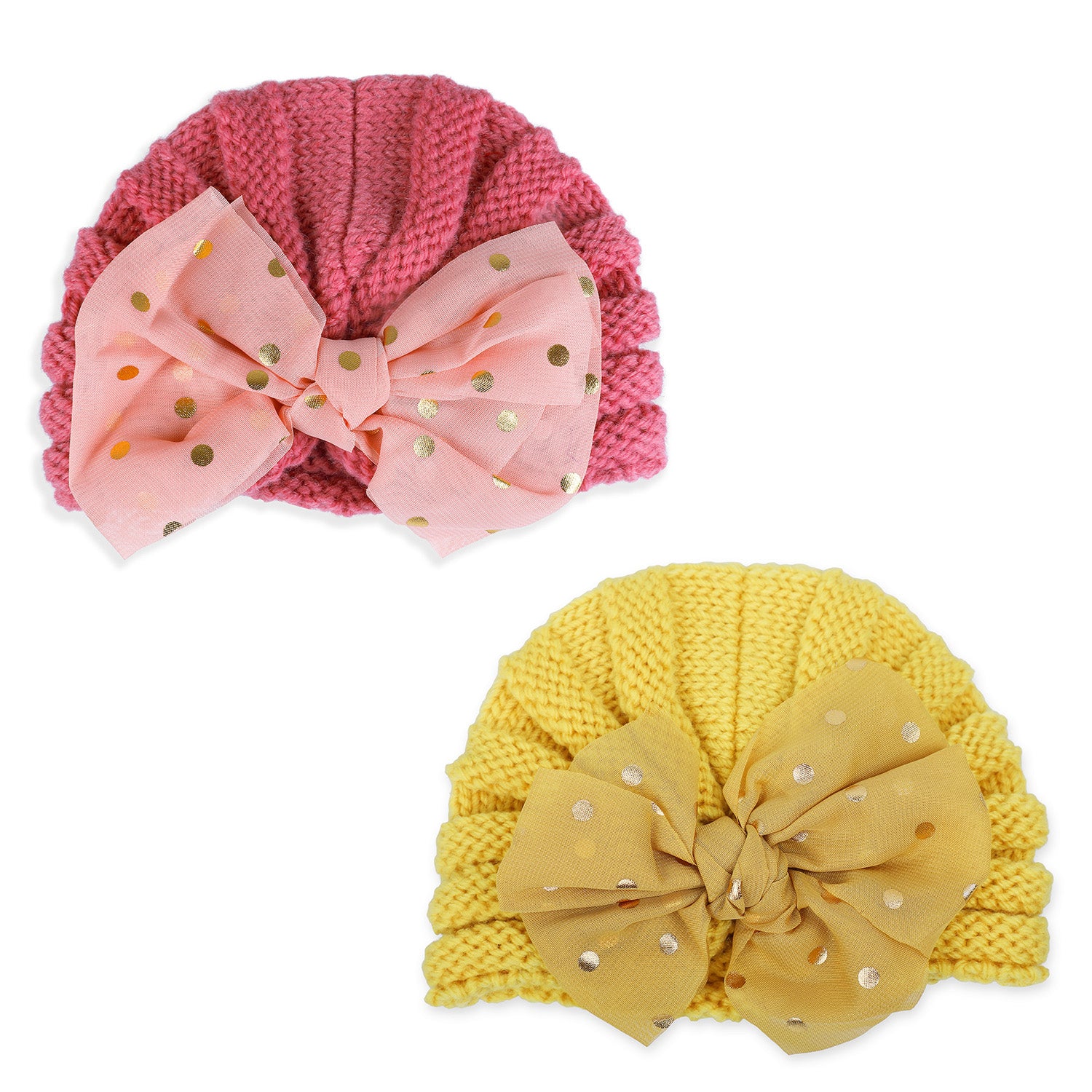 Baby Moo Partywear Sequence Bow 2 Pack Turban Caps - Peach And Yellow - Baby Moo