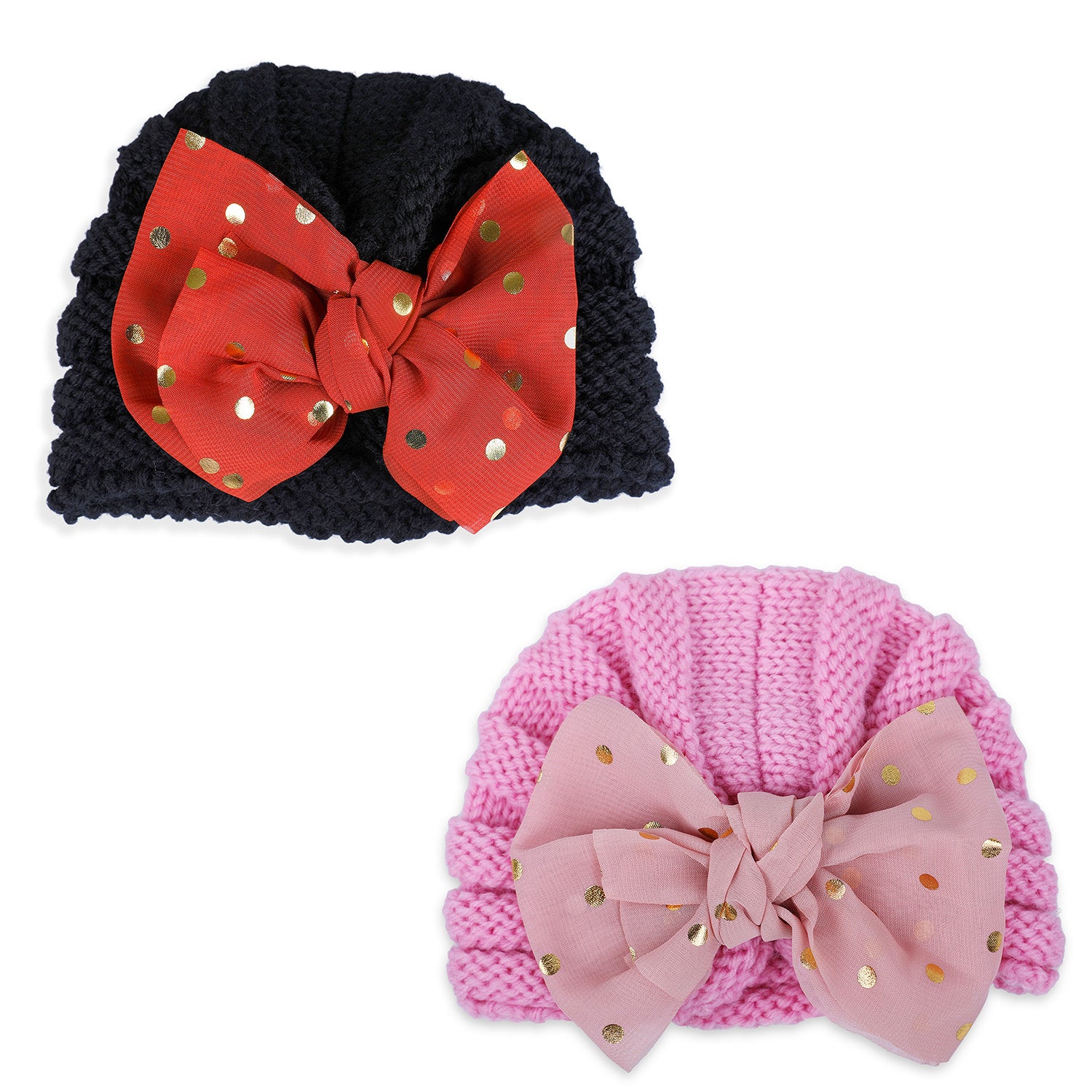 Baby Moo Partywear Sequence Bow 2 Pack Turban Caps - Black And Pink - Baby Moo