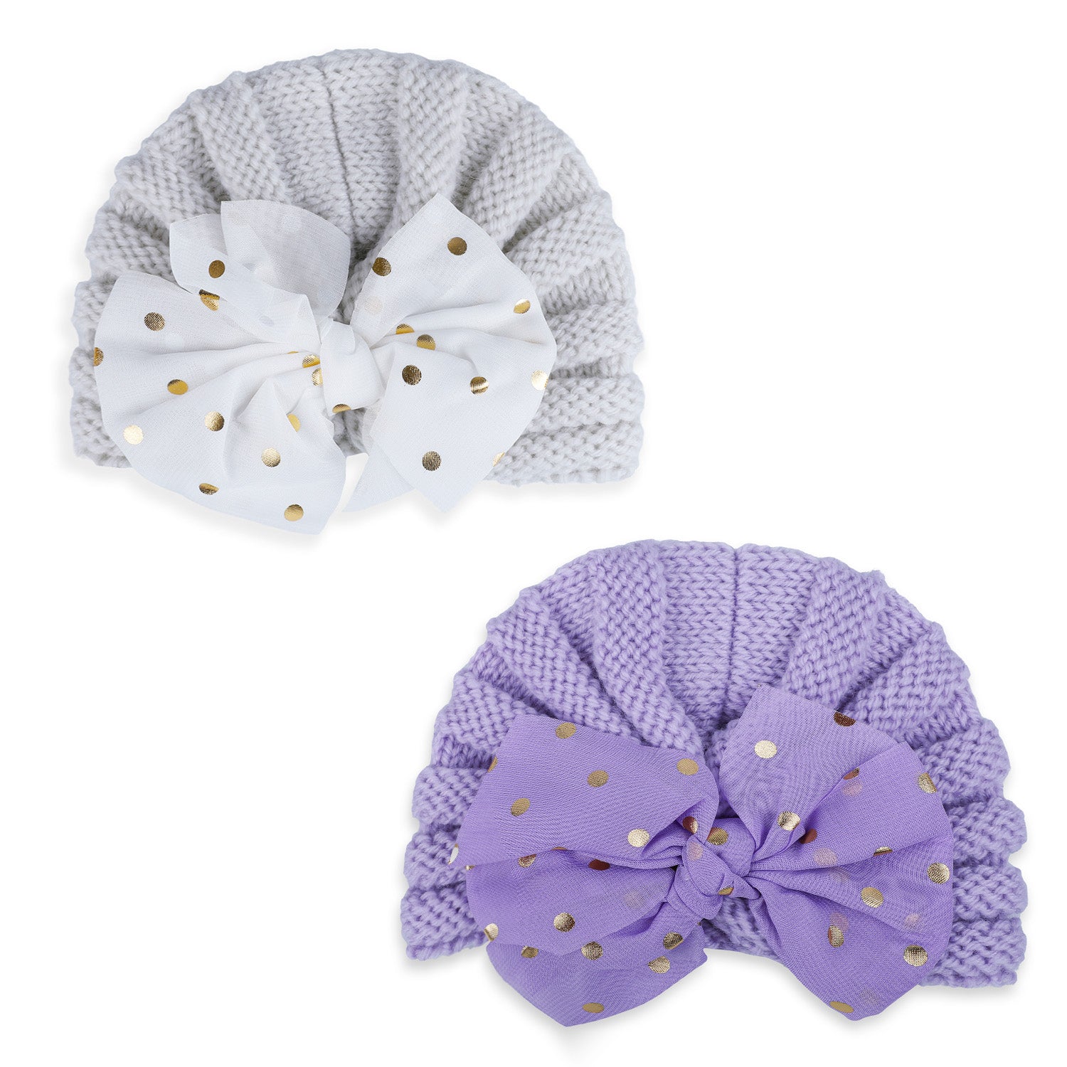 Baby Moo Partywear Sequence Bow 2 Pack Turban Caps - Lilac And White - Baby Moo