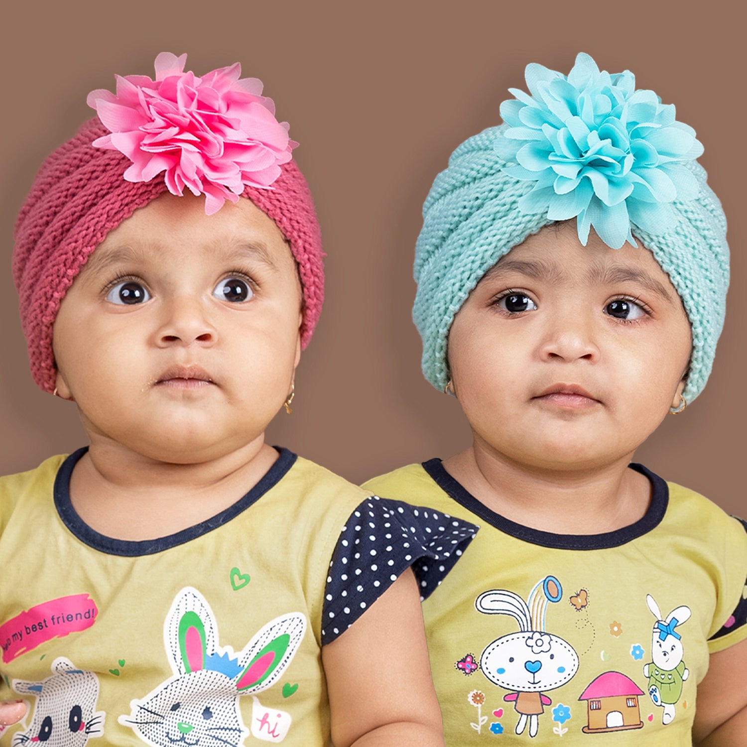 Baby Moo Girls Floral Petals 2 Pack Knitted Turban Caps - Turquoise, Maroon
