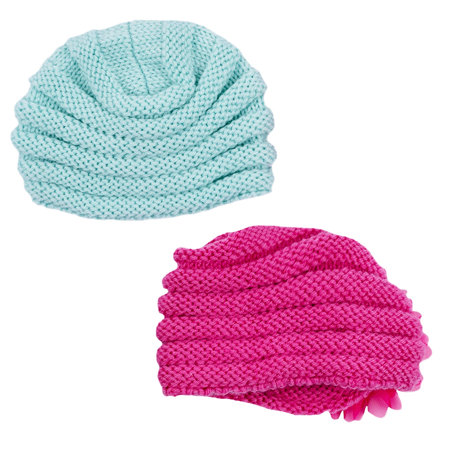 Baby Moo Girls Floral Petals 2 Pack Knitted Turban Caps - Turquoise, Maroon