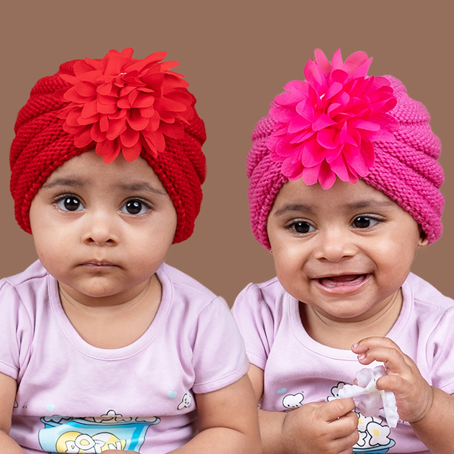Baby Moo Girls Floral Petals 2 Pack Knitted Turban Caps - Red, Pink