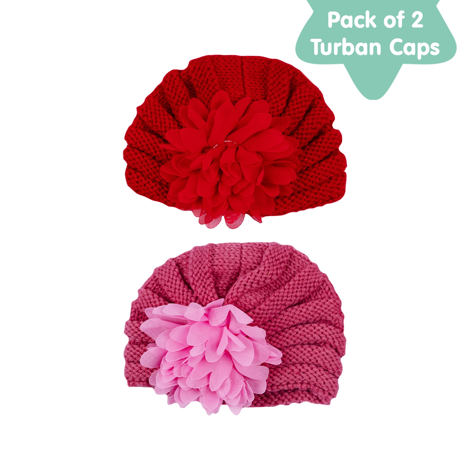 Baby Moo Girls Floral Petals 2 Pack Knitted Turban Caps - Red, Pink