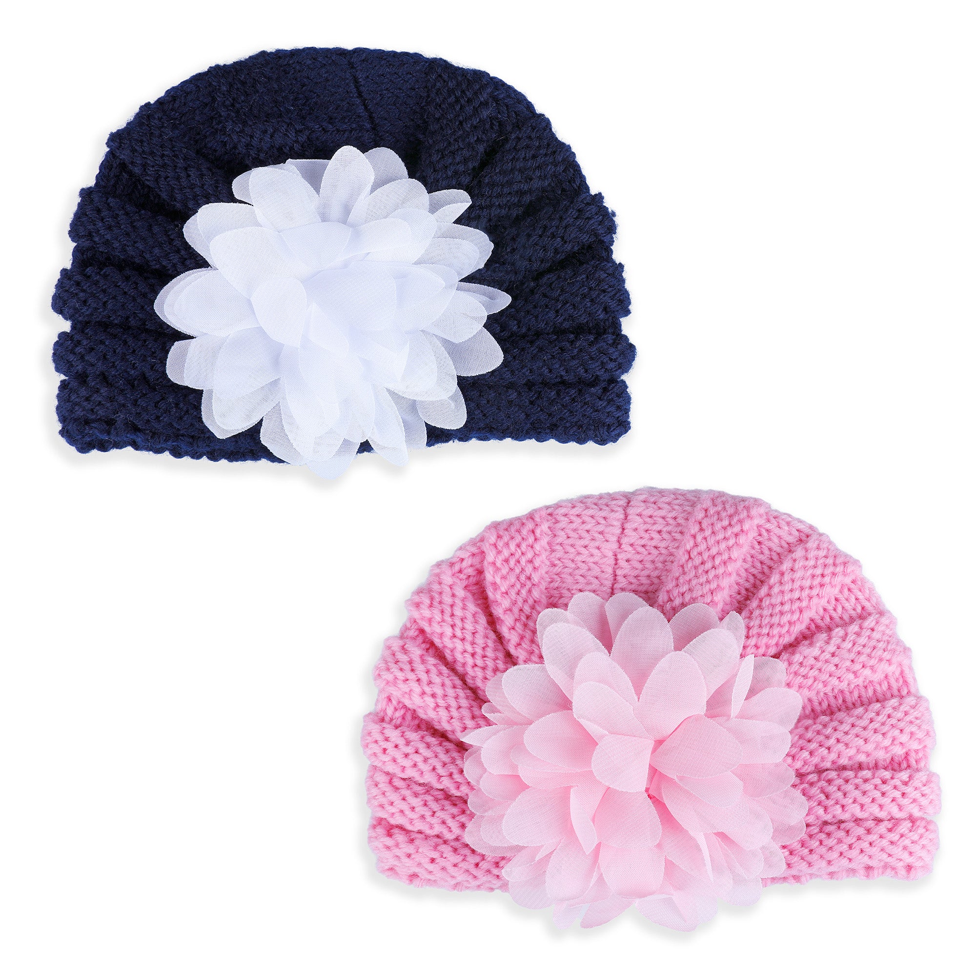 Baby Moo Floral Petals 2 Pack Turban Caps - Pink And Navy Blue - Baby Moo