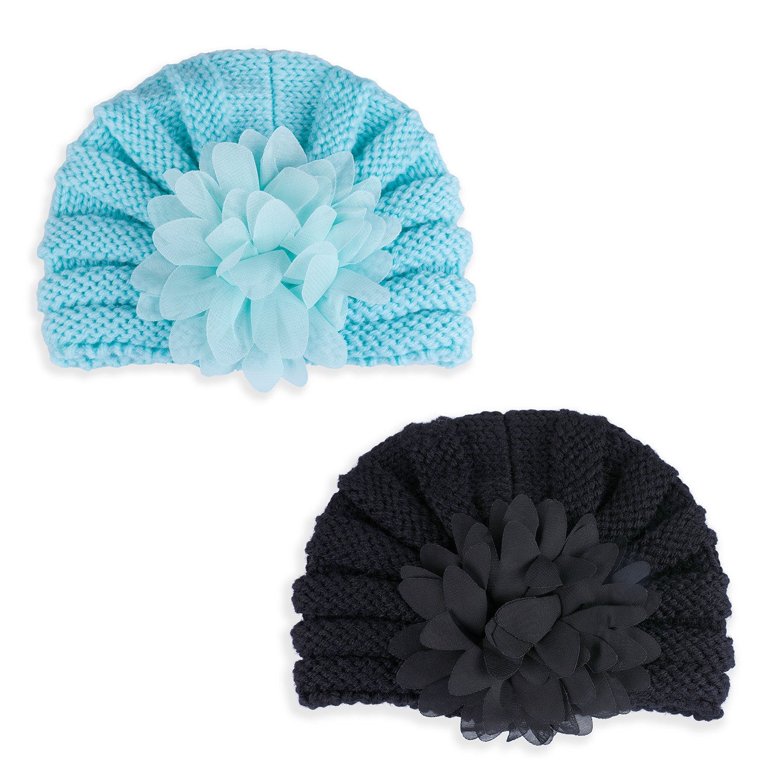 Baby Moo Floral Petals 2 Pack Turban Caps - Blue And Black - Baby Moo
