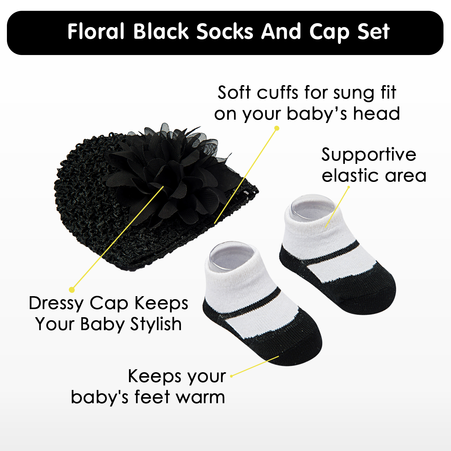 Floral Black Socks And Cap Set