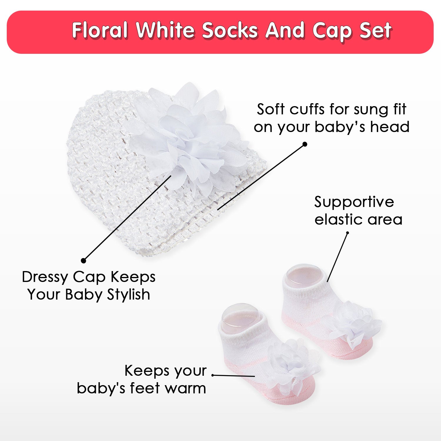 Floral White Socks And Cap Set