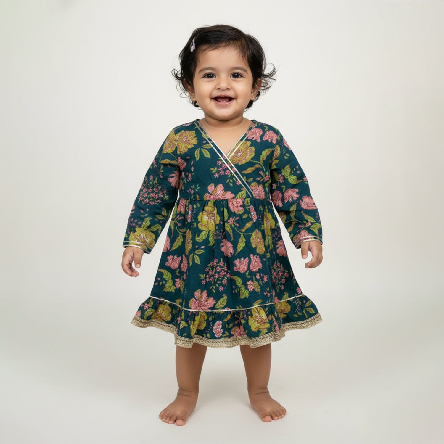 Baby Moo Floral Print Cotton Knee Length Ethnic Dress - Green