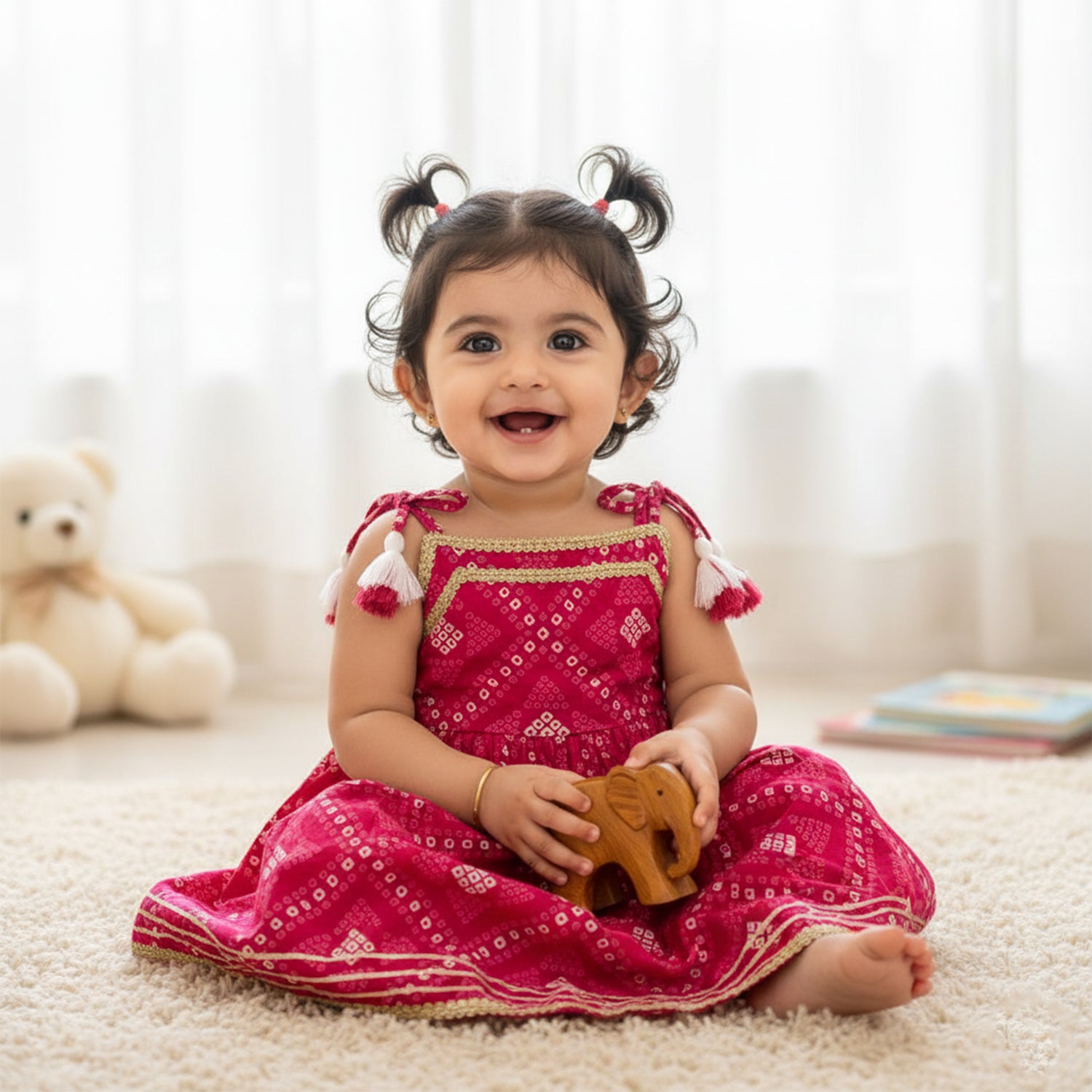 Baby Moo Bandhani Print Cotton Tie-Knot Sleeveless Ethnic Dress - Pink