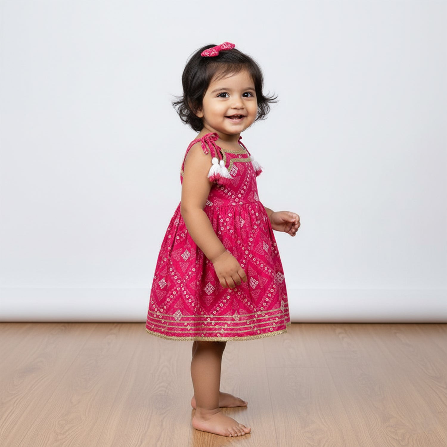 Baby Moo Bandhani Print Cotton Tie-Knot Sleeveless Ethnic Dress - Pink