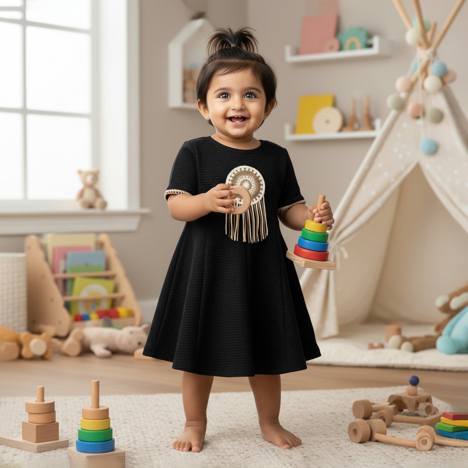 Baby Moo Woven Half Sleeve Embellished Dress - Black