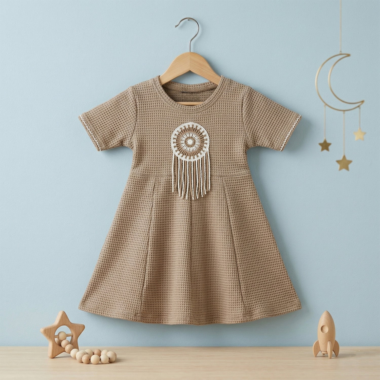 Baby Moo Woven Half Sleeve Embellished Dress - Nude