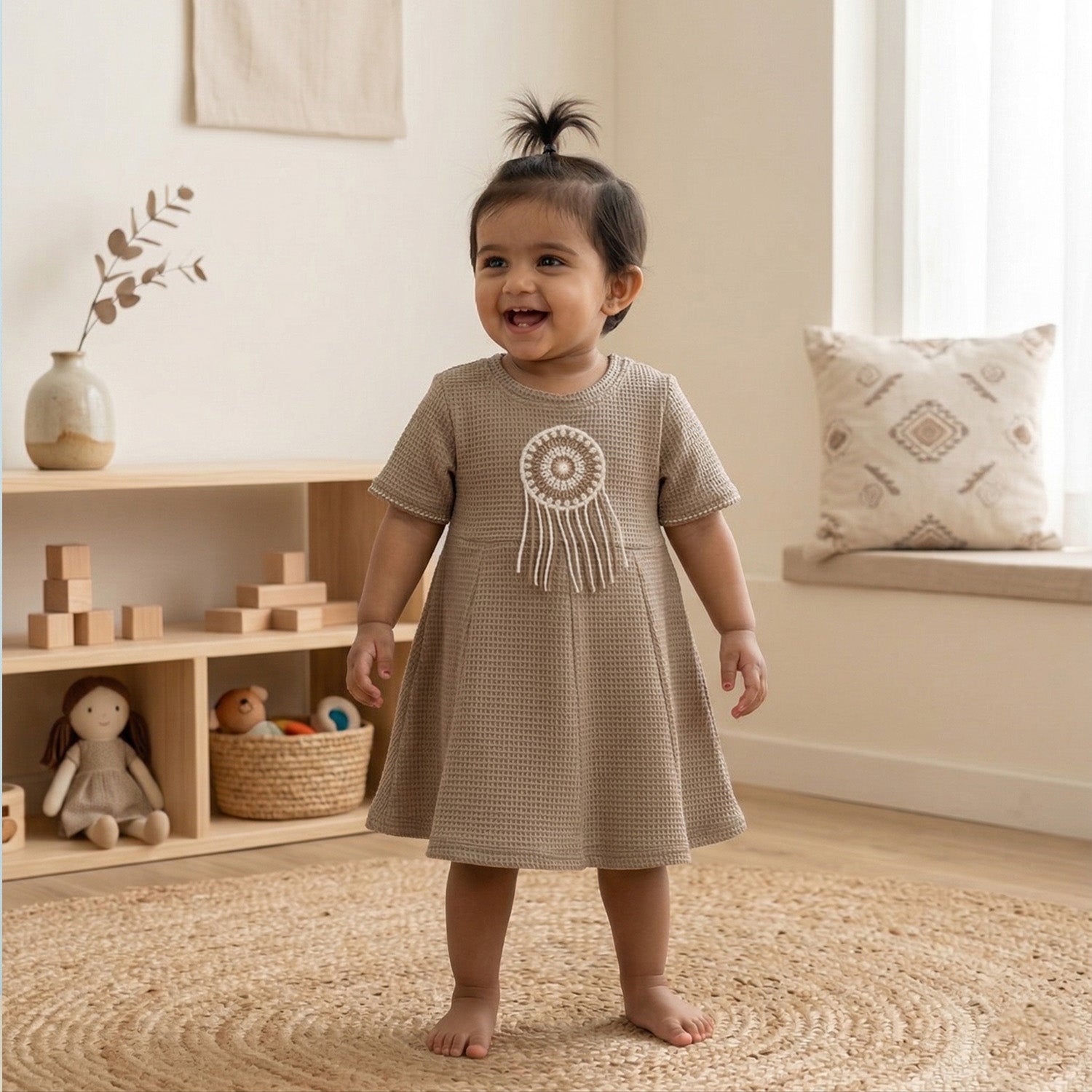 Baby Moo Woven Half Sleeve Embellished Dress - Nude