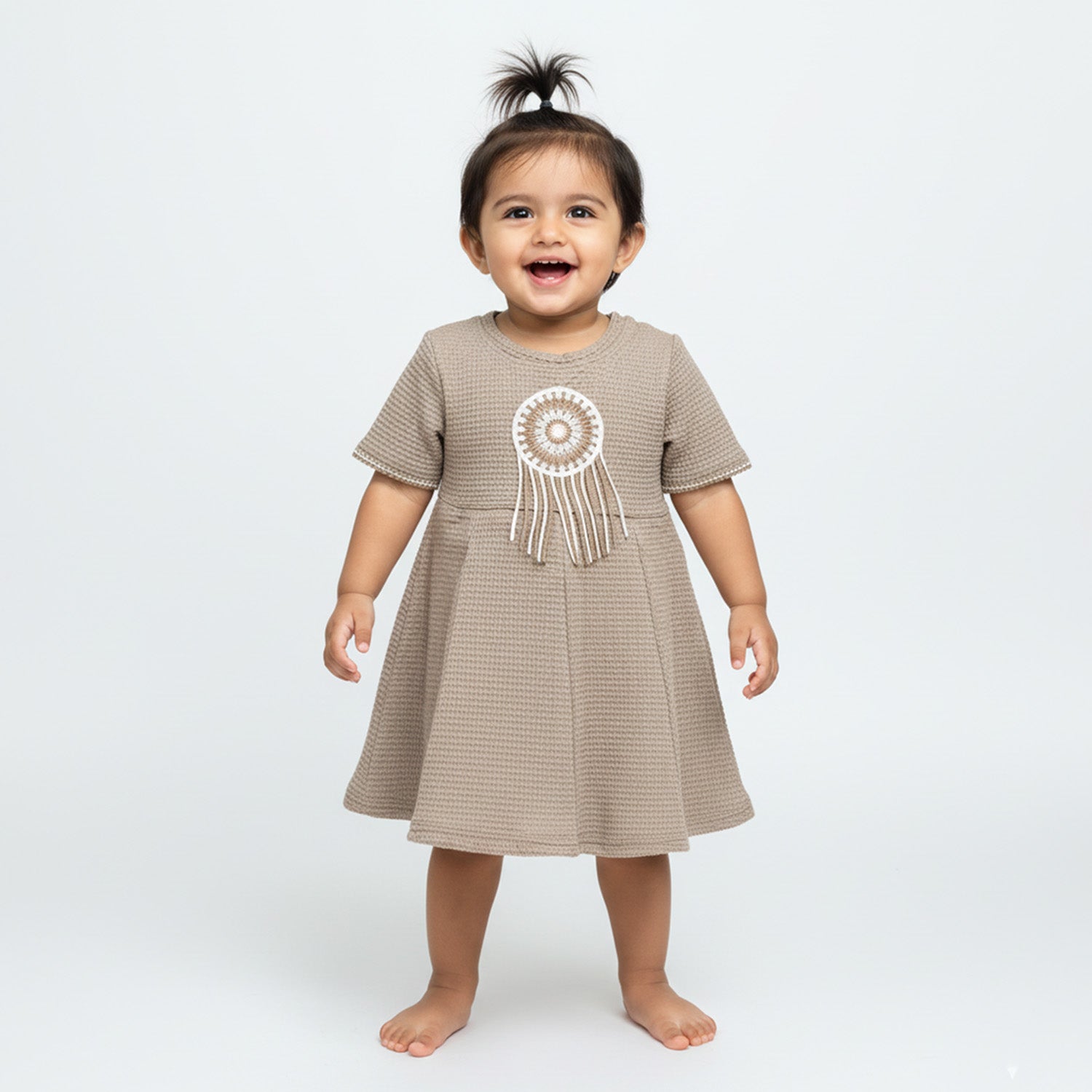 Baby Moo Woven Half Sleeve Embellished Dress - Nude