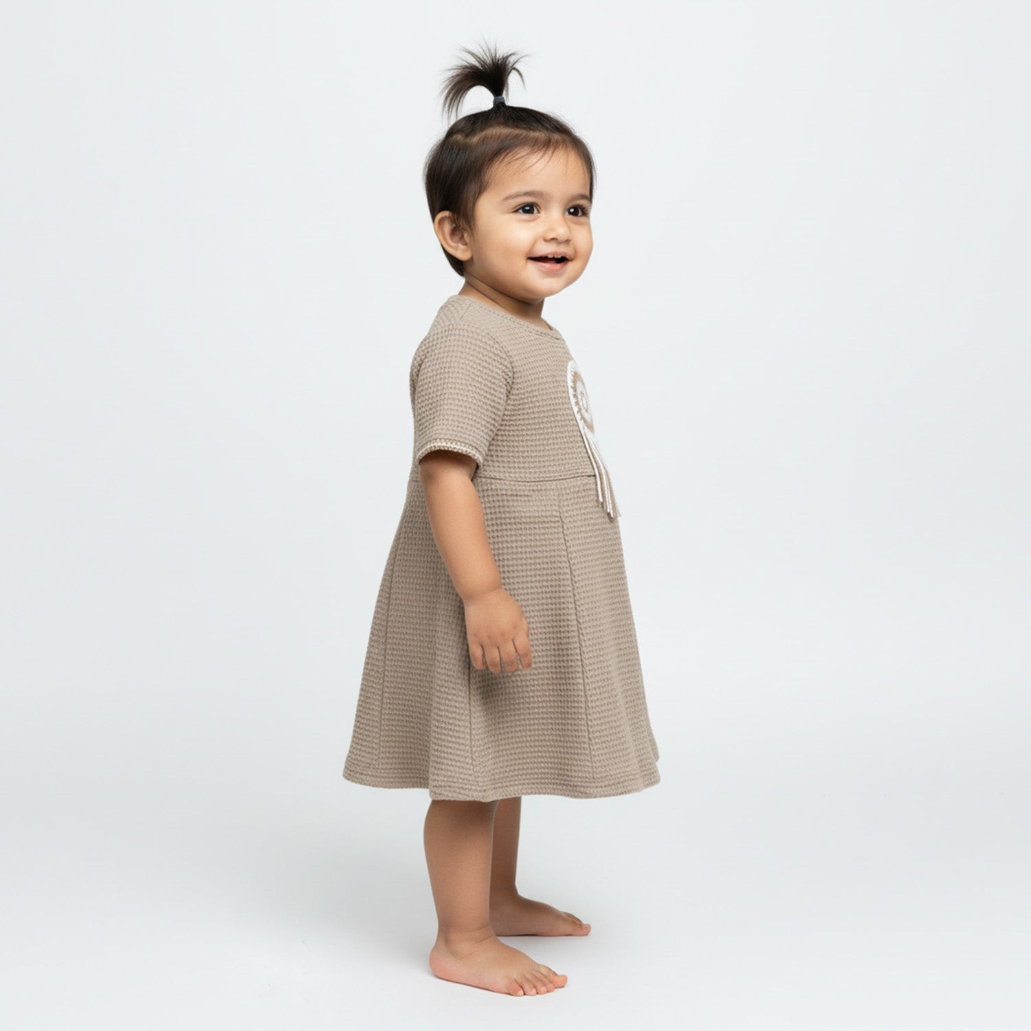 Baby Moo Woven Half Sleeve Embellished Dress - Nude