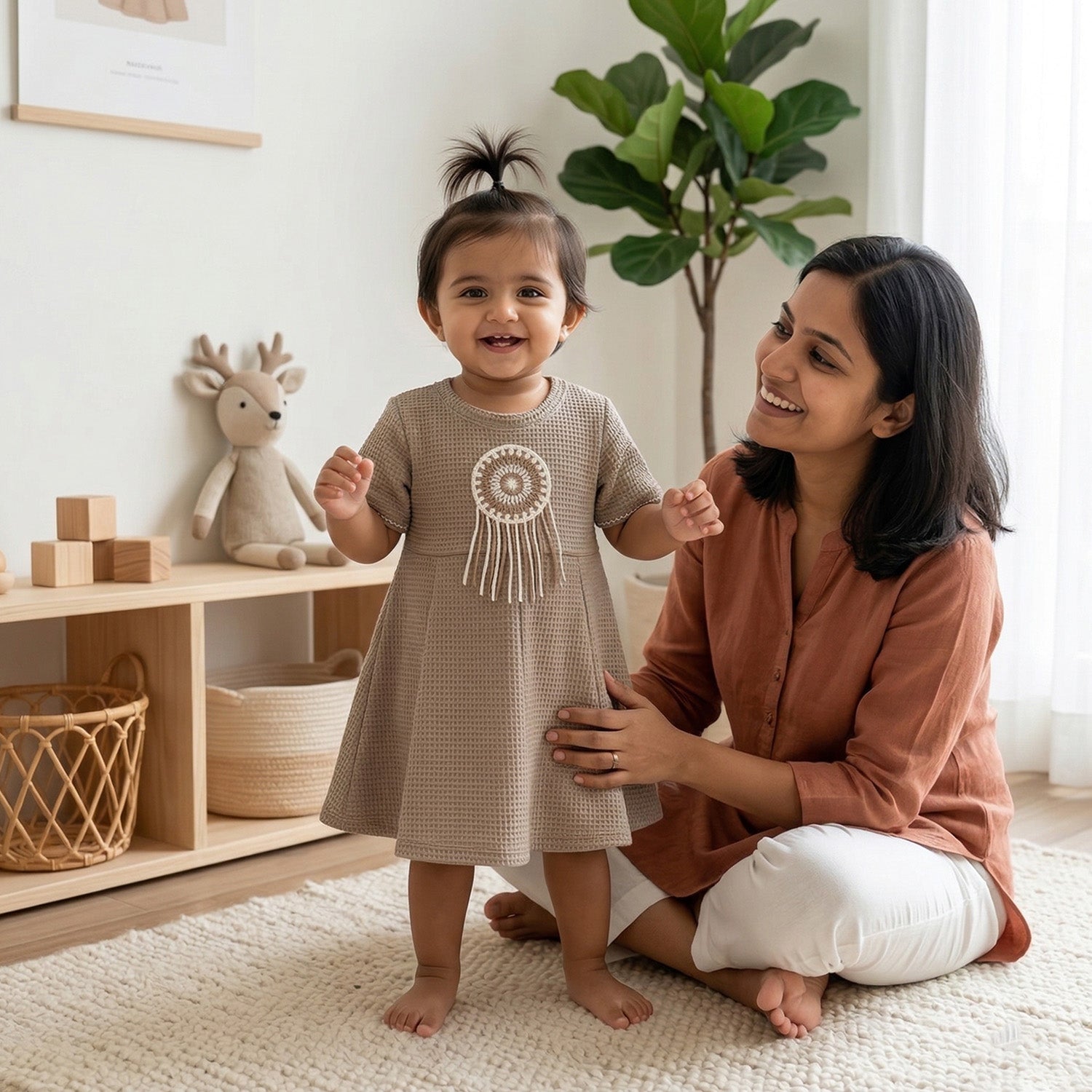 Baby Moo Woven Half Sleeve Embellished Dress - Nude