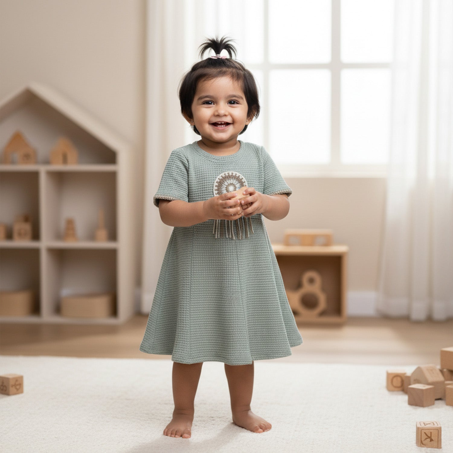 Baby Moo Woven Half Sleeve Embellished Dress - Sea Green