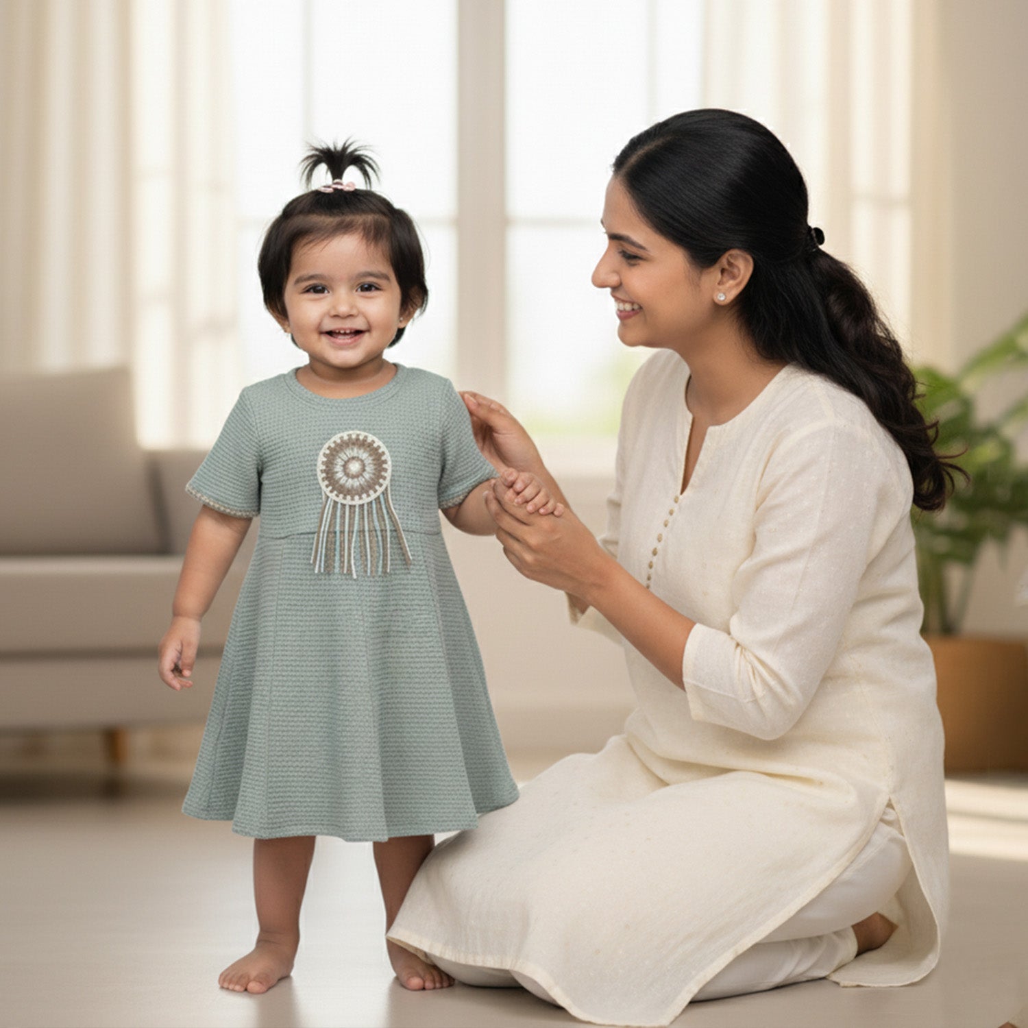 Baby Moo Woven Half Sleeve Embellished Dress - Sea Green