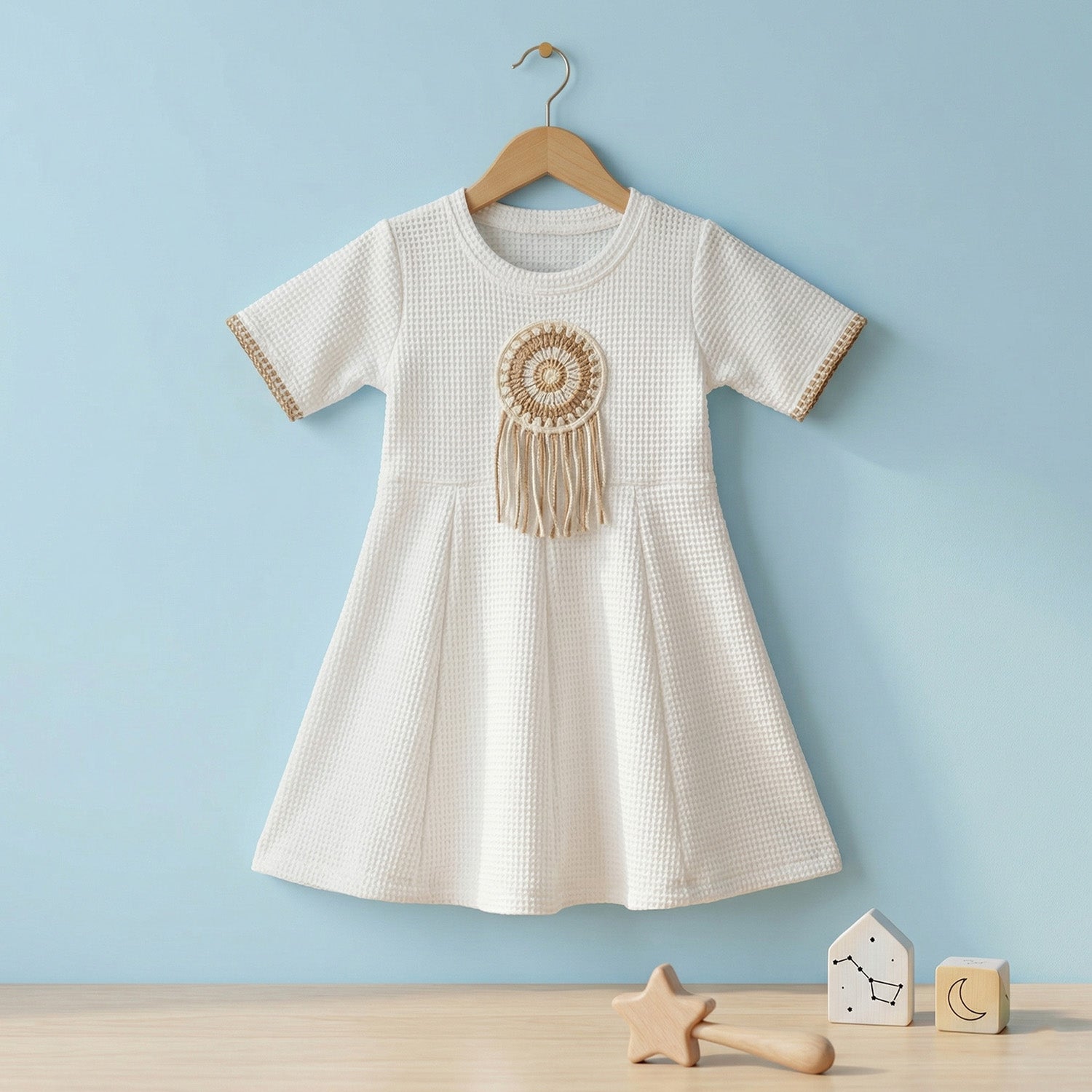 Baby Moo Woven Half Sleeve Embellished Dress - White