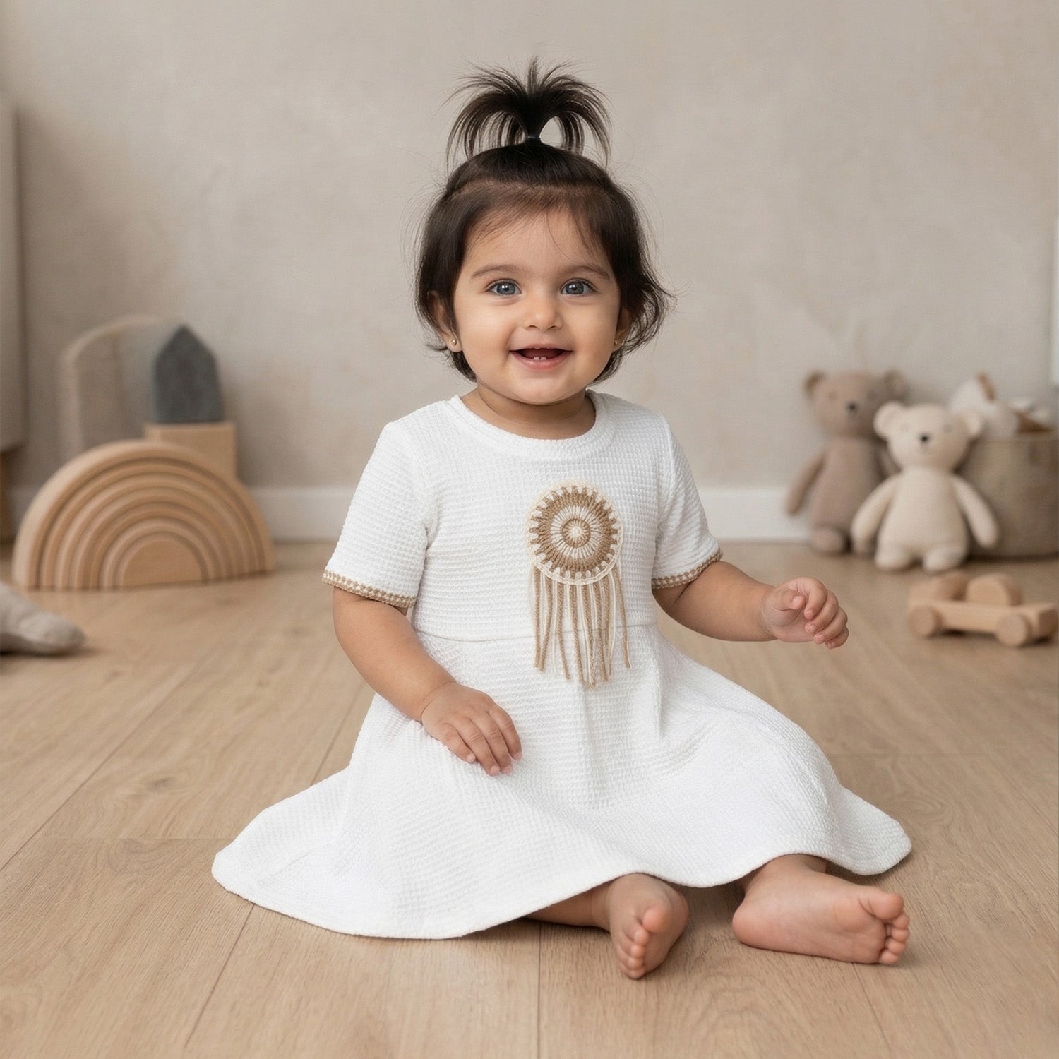 Baby Moo Woven Half Sleeve Embellished Dress - White
