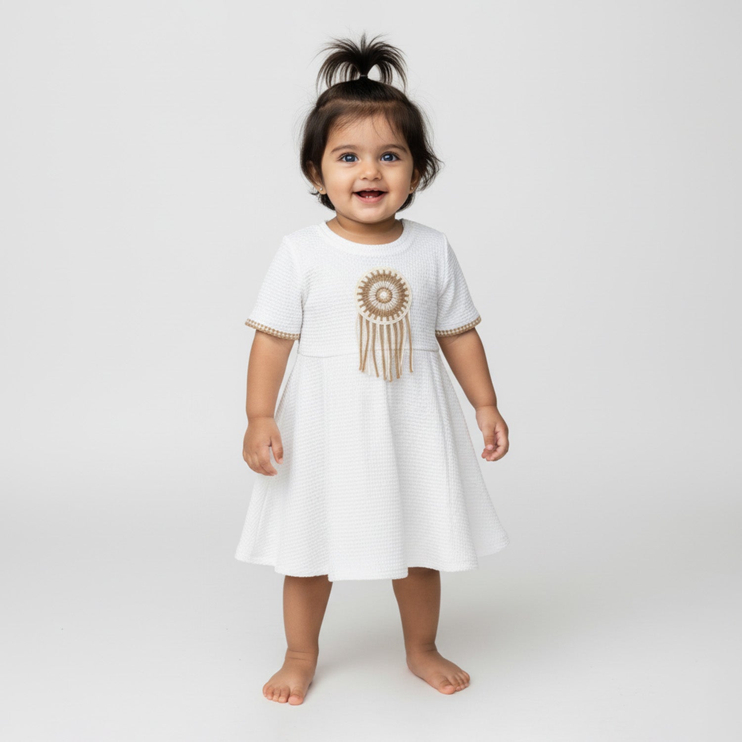 Baby Moo Woven Half Sleeve Embellished Dress - White