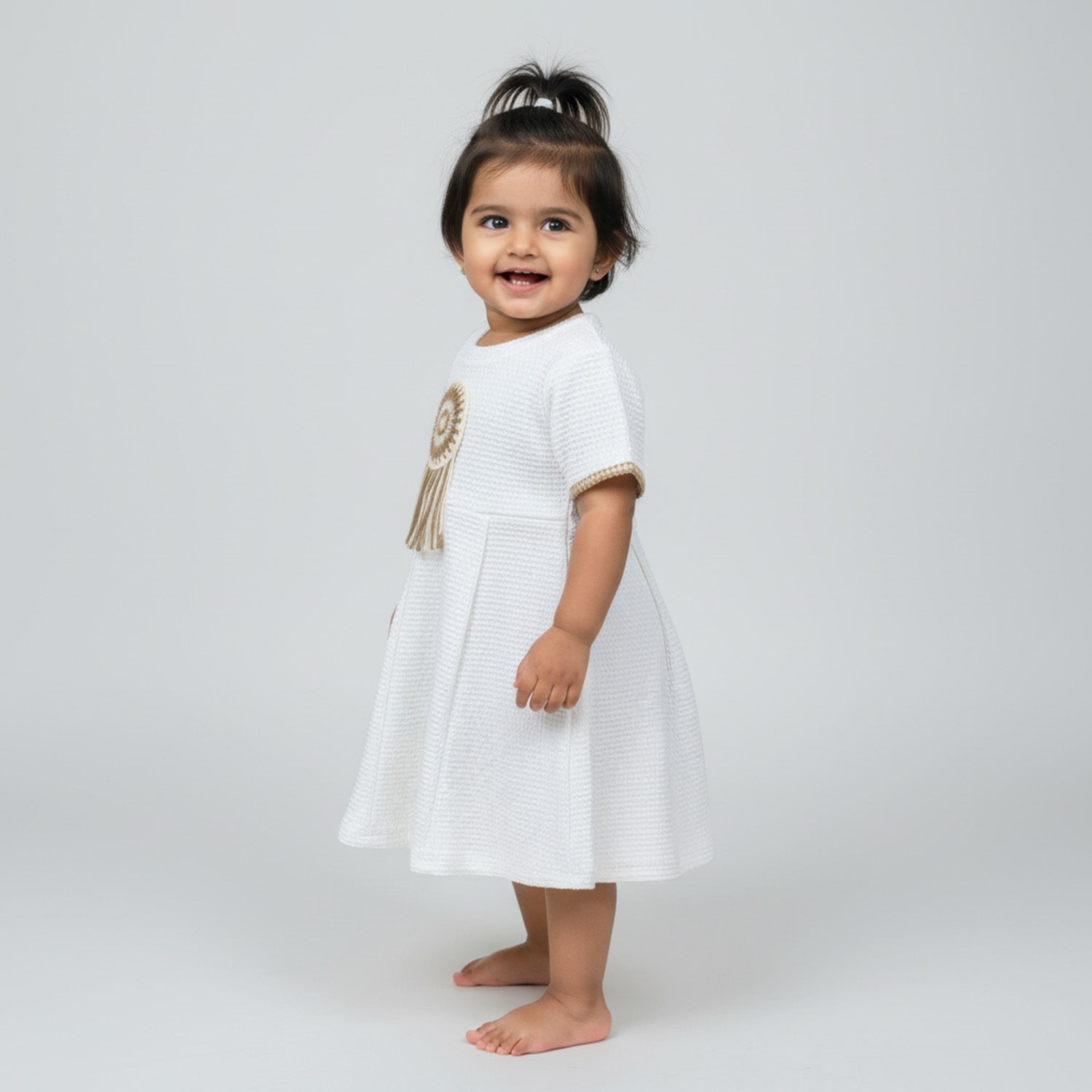 Baby Moo Woven Half Sleeve Embellished Dress - White