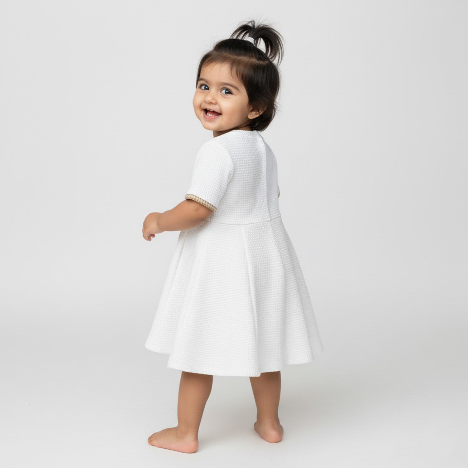 Baby Moo Woven Half Sleeve Embellished Dress - White