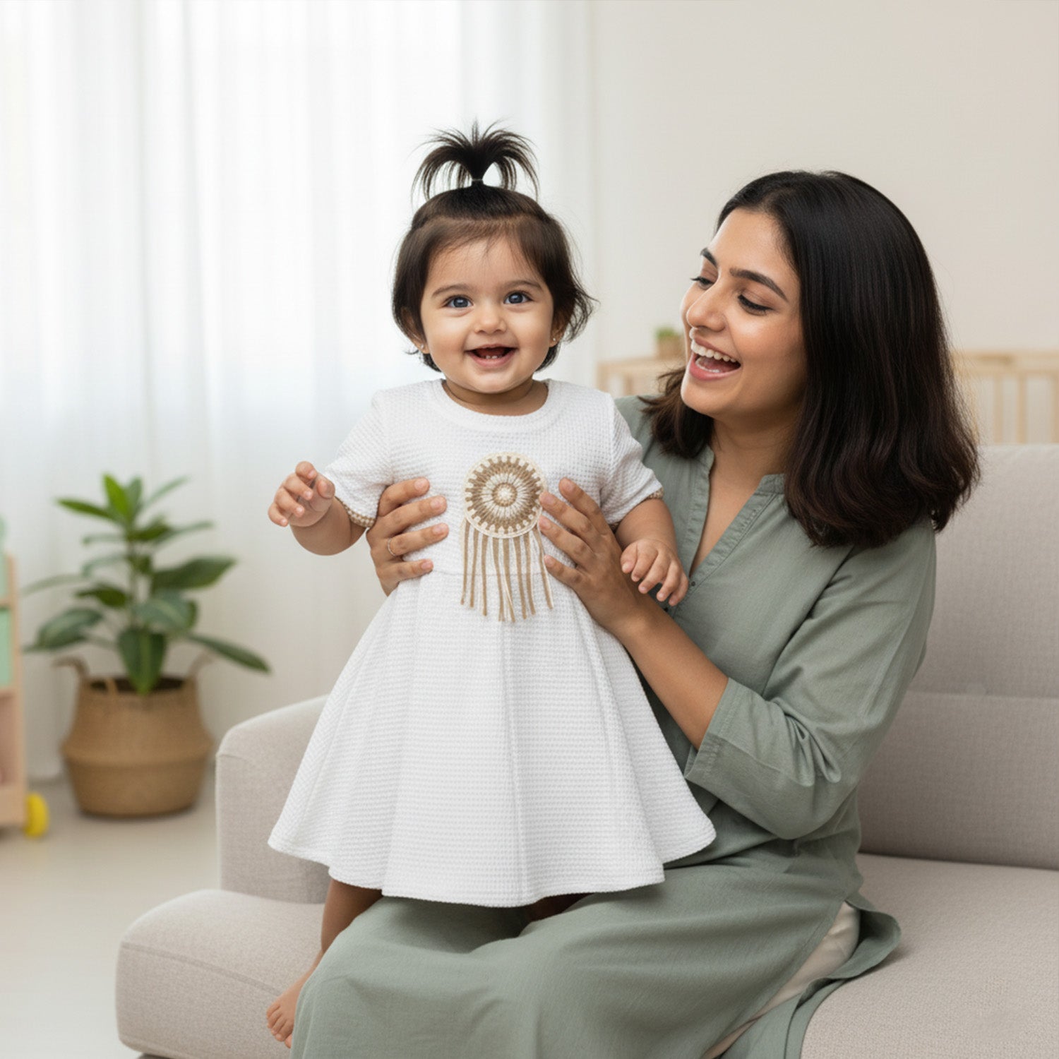 Baby Moo Woven Half Sleeve Embellished Dress - White