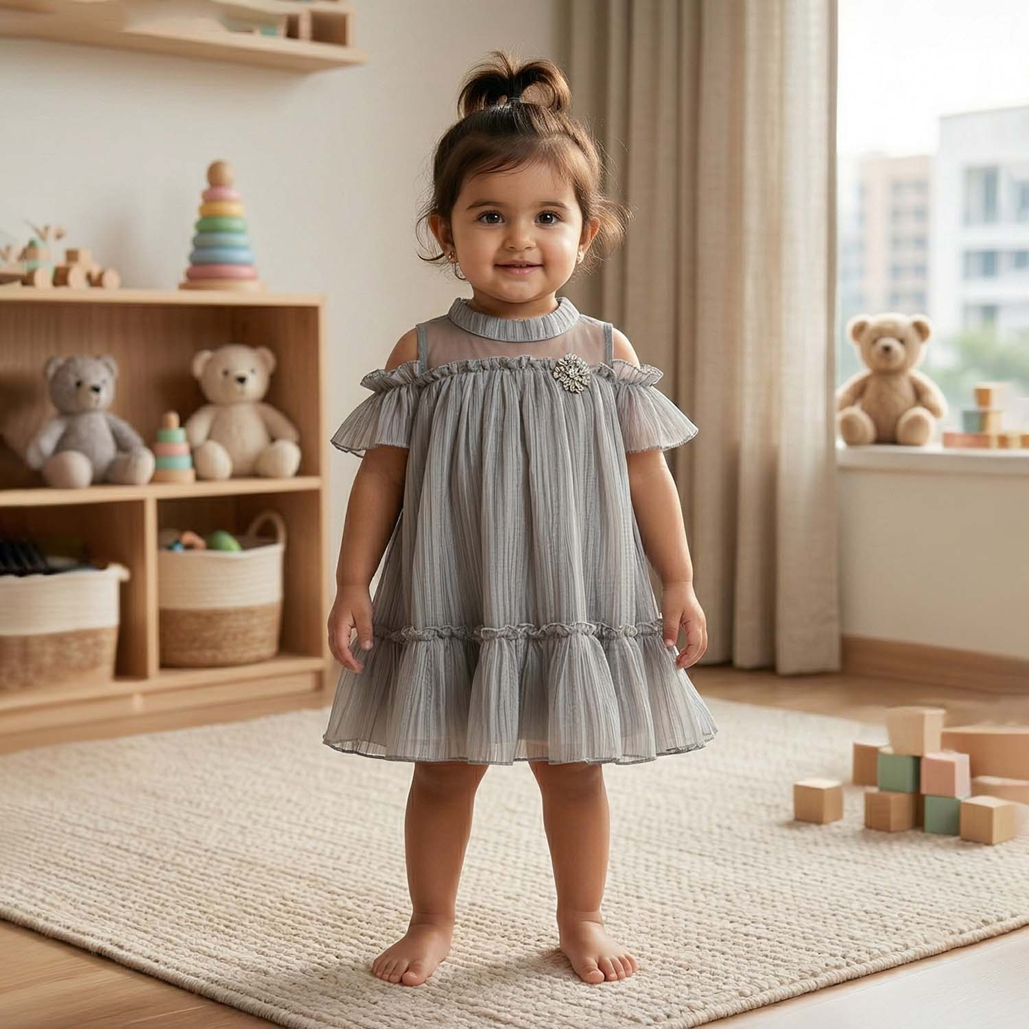 Baby Moo Half Sleeves Party  High neck Dress - Grey