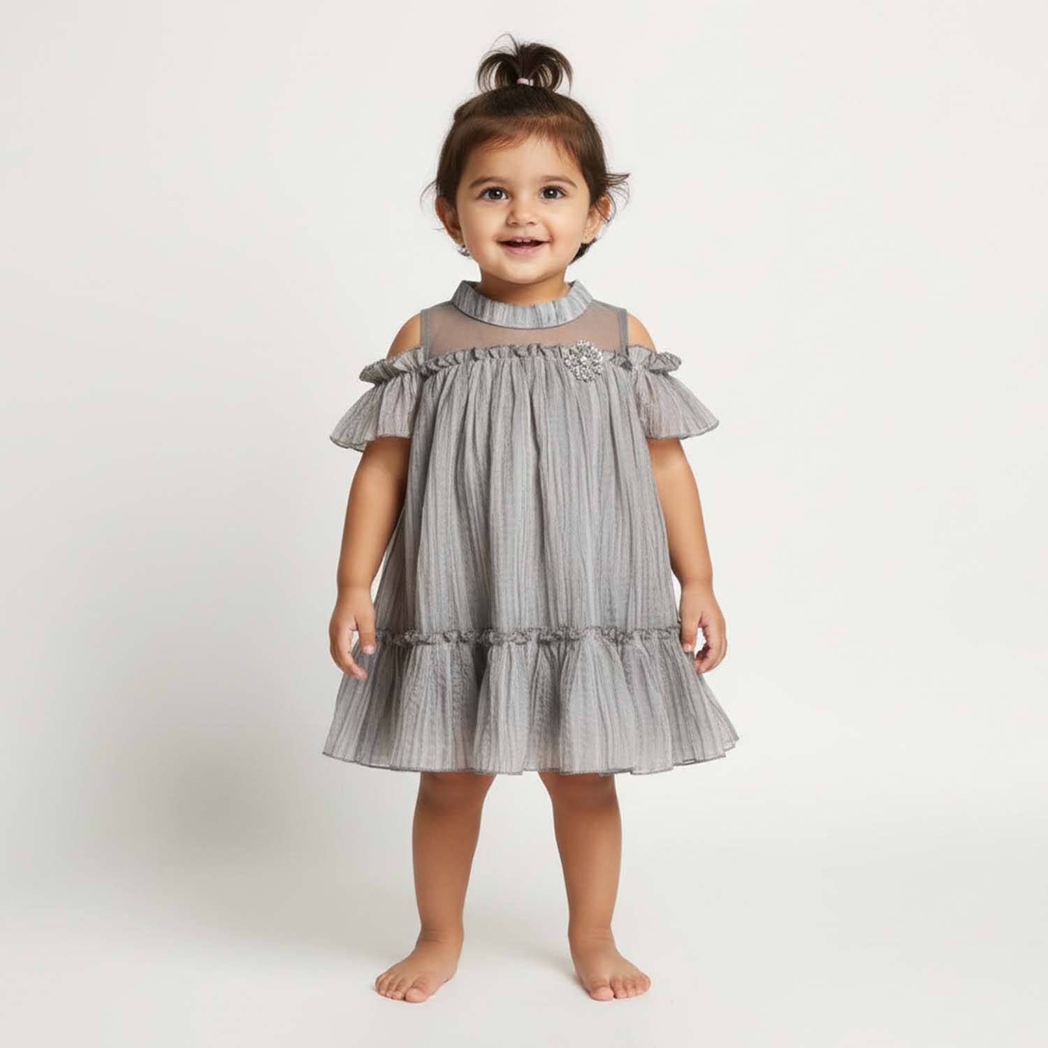 Baby Moo Half Sleeves Party  High neck Dress - Grey