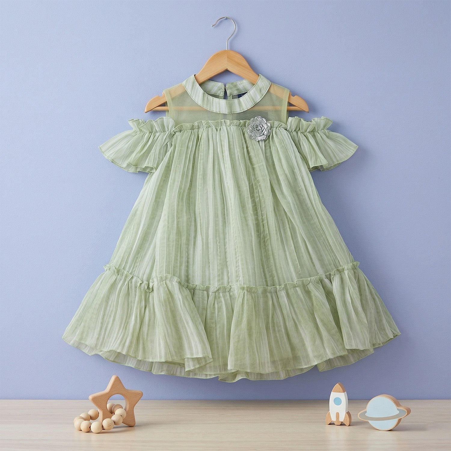 Baby Moo Half Sleeves Party  High neck Dress - Mint Green