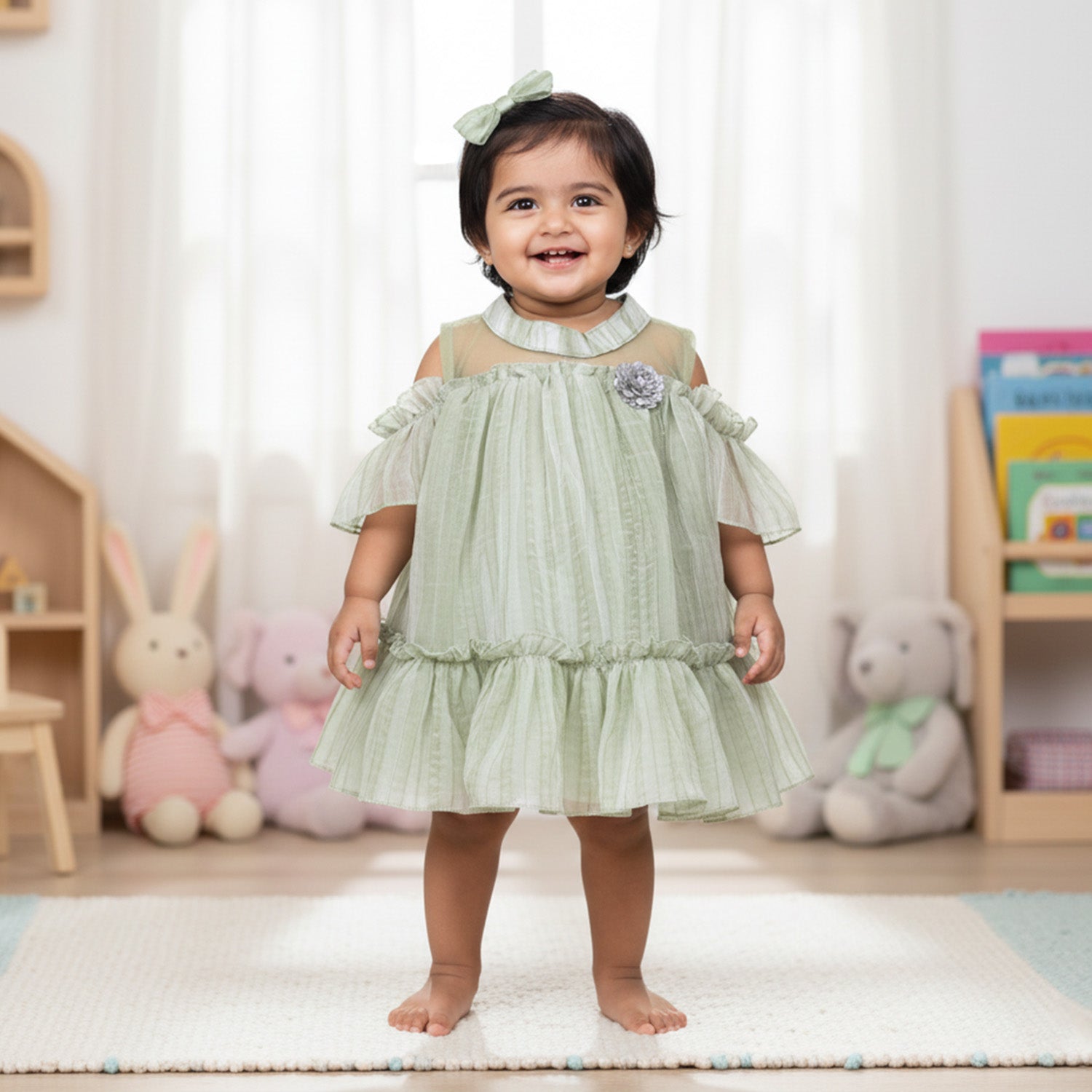 Baby Moo Half Sleeves Party  High neck Dress - Mint Green