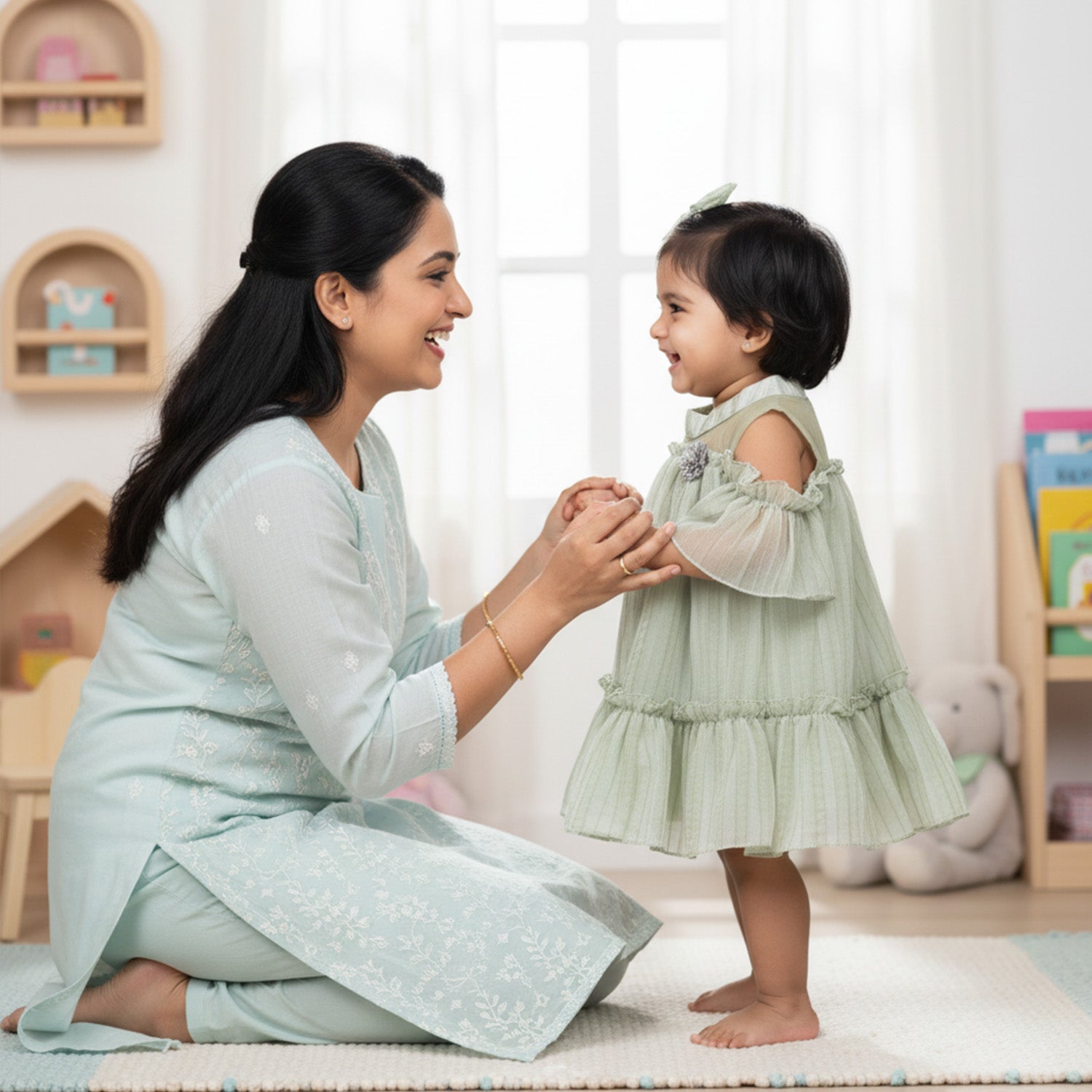 Baby Moo Half Sleeves Party  High neck Dress - Mint Green