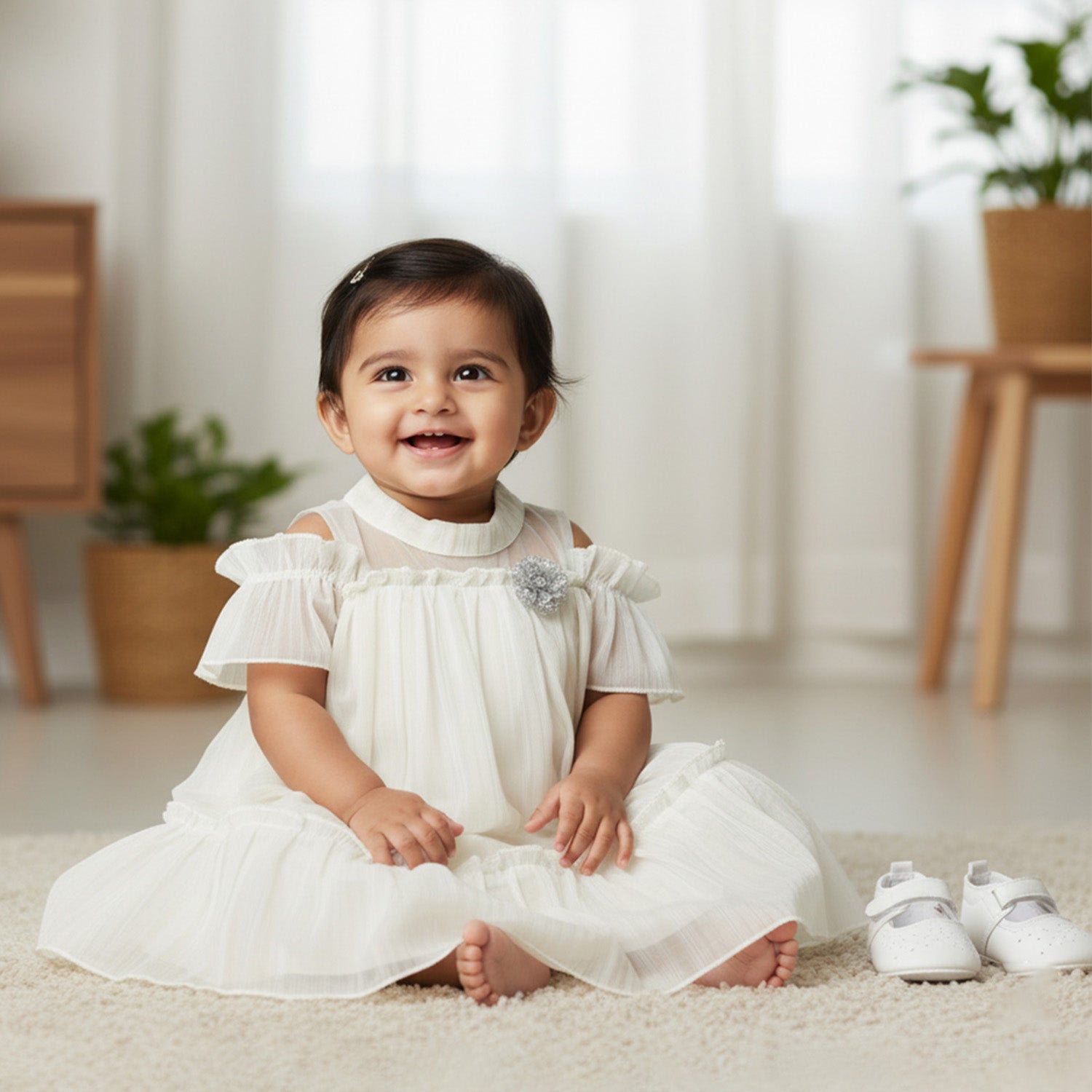 Baby Moo Half Sleeves Party  High neck Dress - Off White