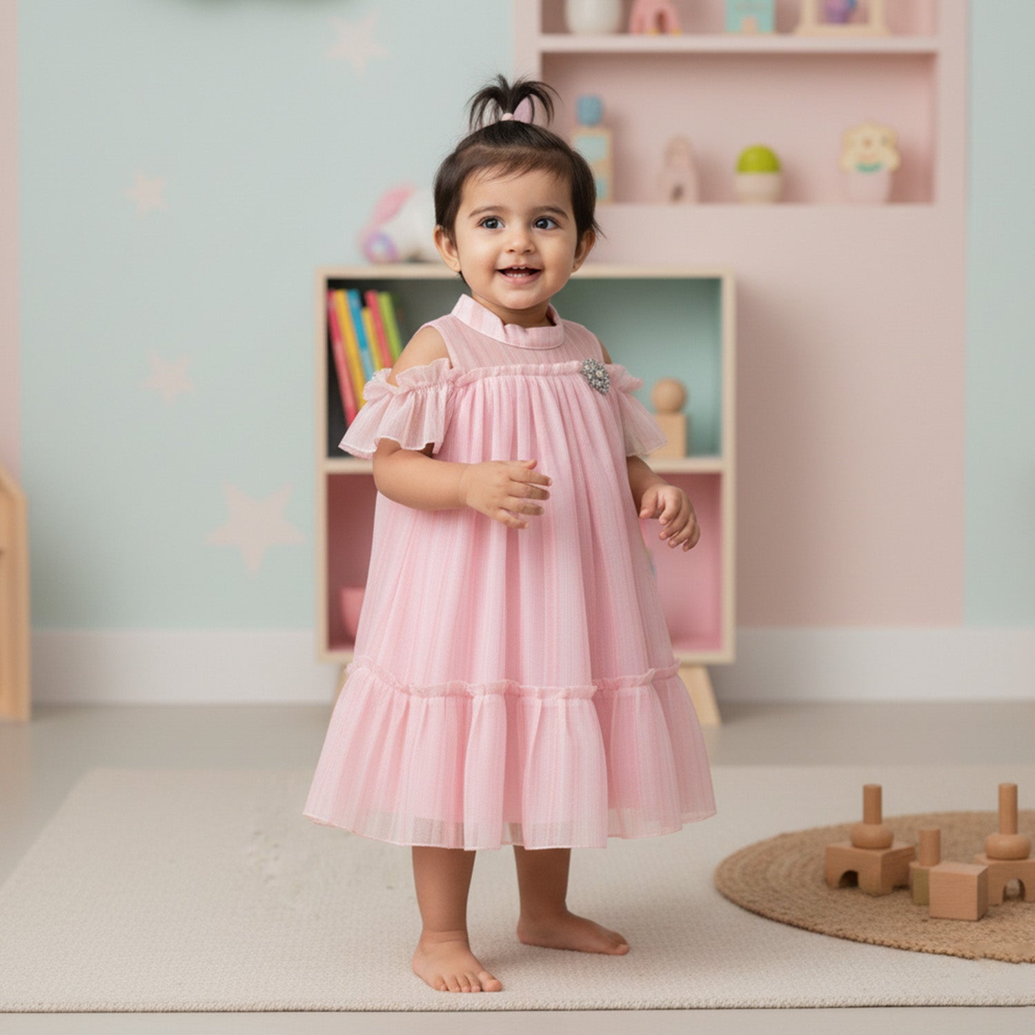 Baby Moo Half Sleeves Party  High neck Dress - Pink