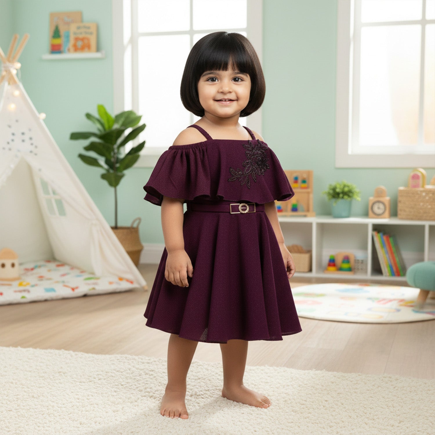 Baby Moo Off Shoulder Sleeves Fit and Flare Party Off Shoulder  Dress - Wine