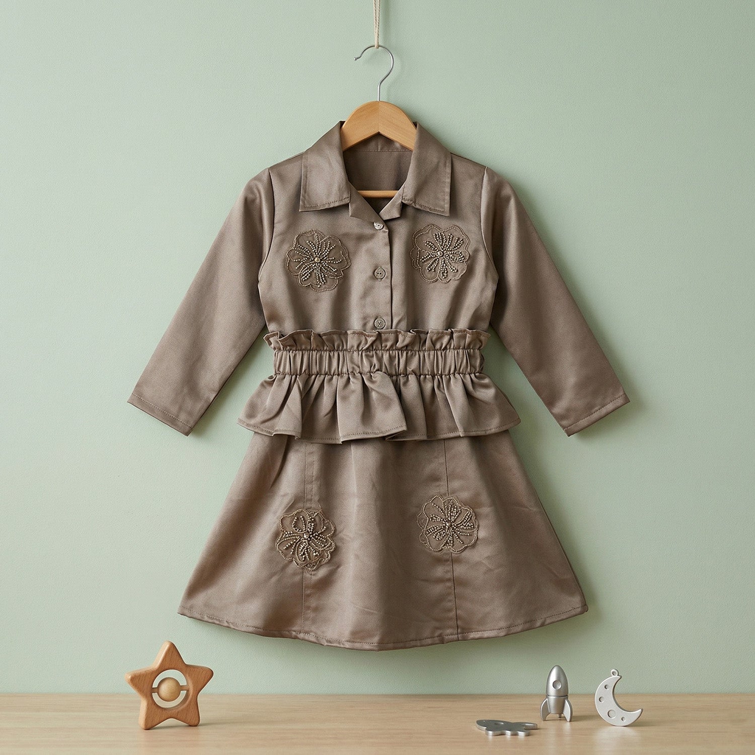Baby Moo Woven 3/4th Sleeves Solid Coloured Peplum Dress - Brown