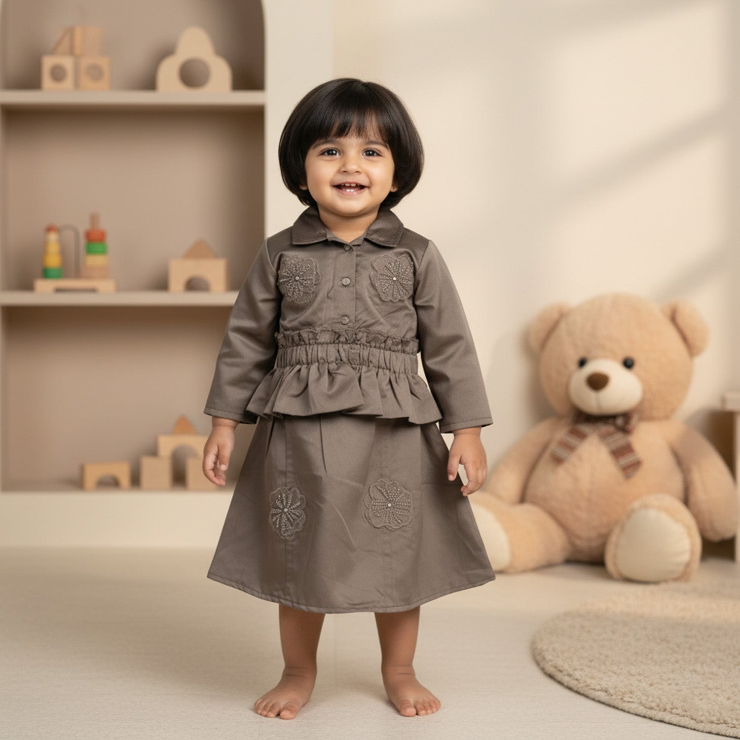 Baby Moo Woven 3/4th Sleeves Solid Coloured Peplum Dress - Brown