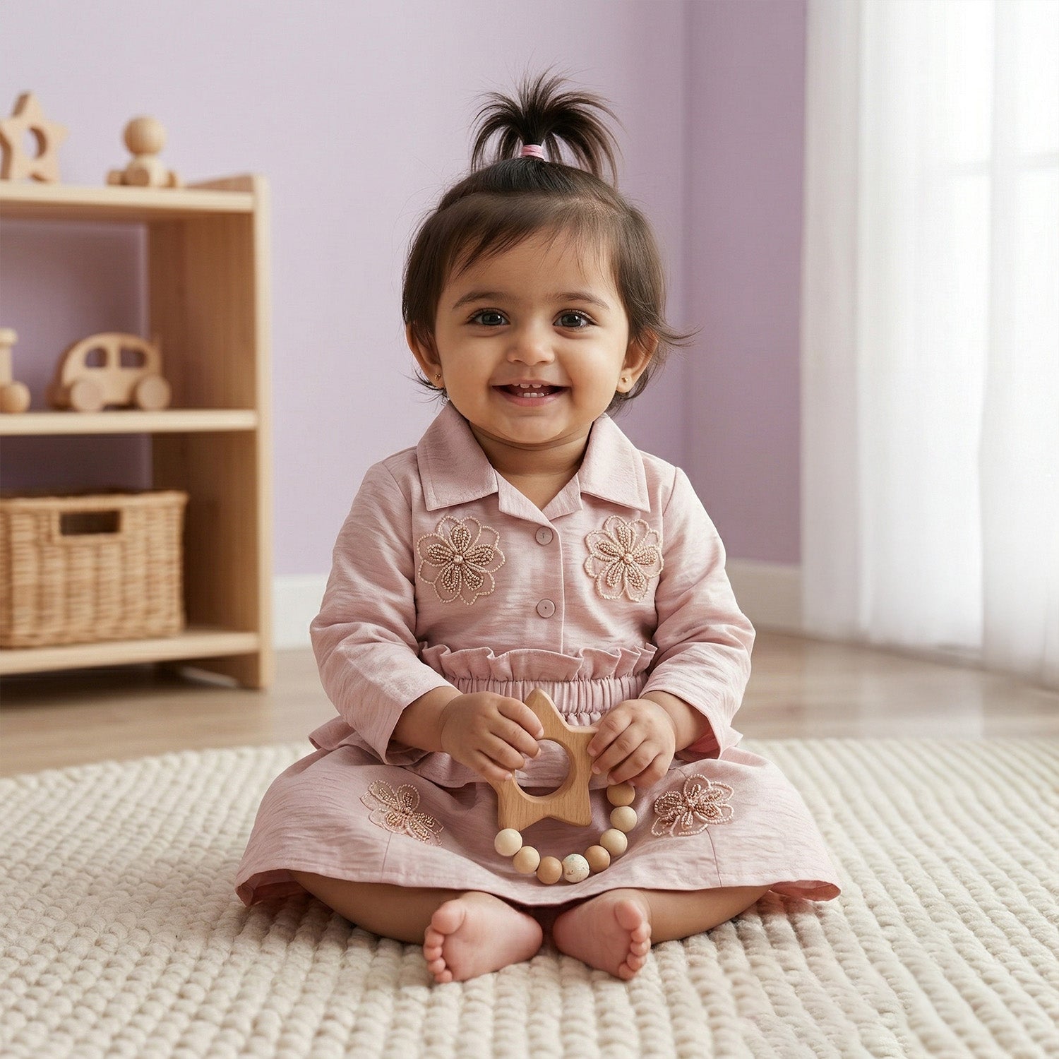 Baby Moo Woven 3/4th Sleeves Solid Coloured Peplum Dress - Light Pink