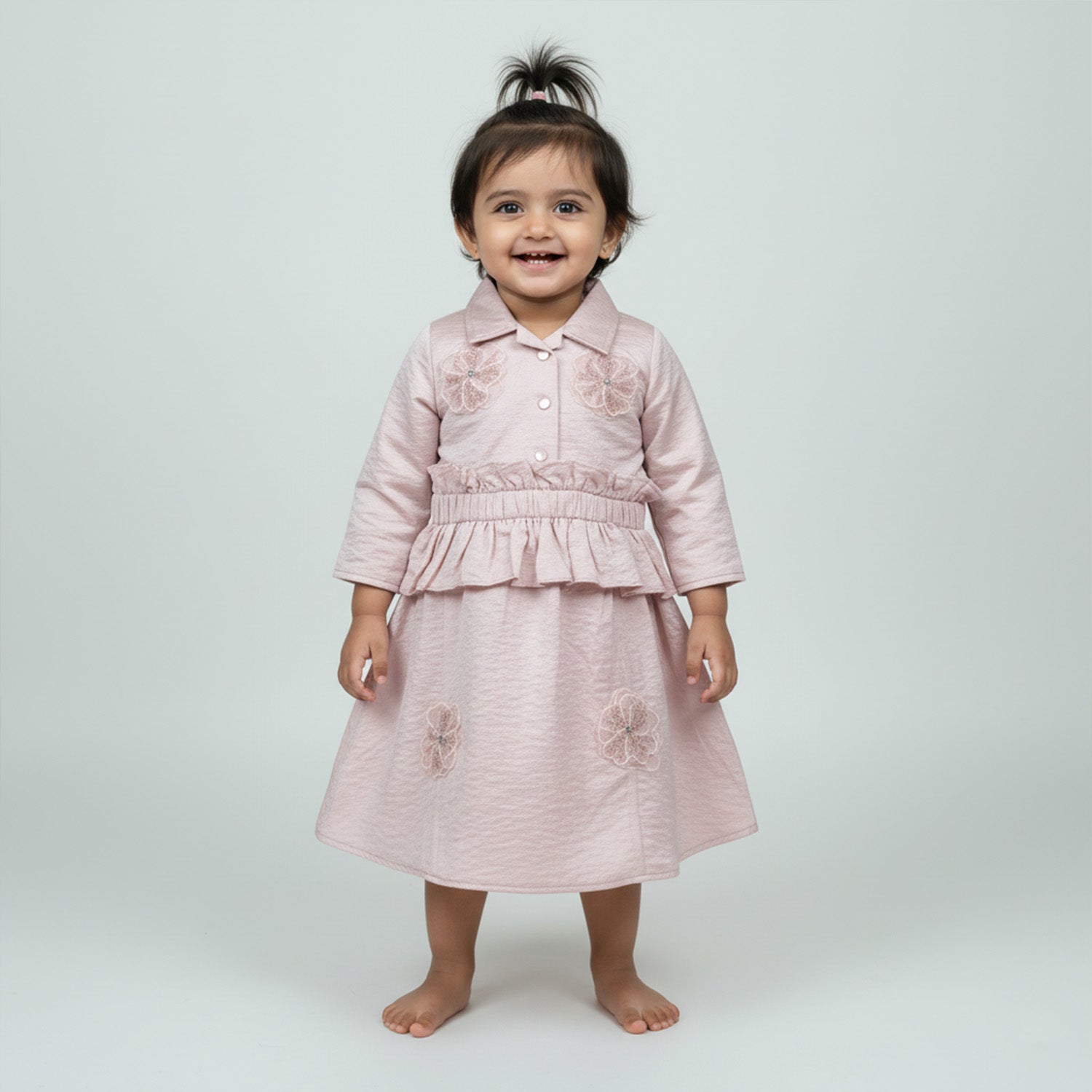 Baby Moo Woven 3/4th Sleeves Solid Coloured Peplum Dress - Light Pink