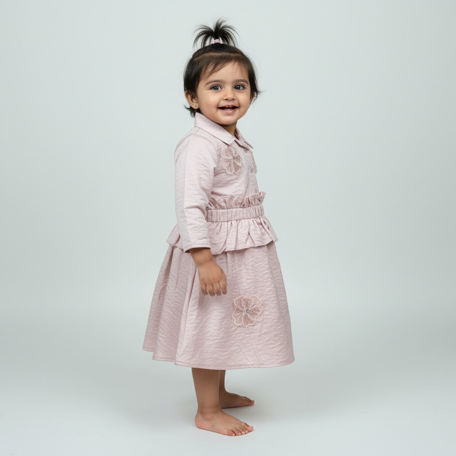 Baby Moo Woven 3/4th Sleeves Solid Coloured Peplum Dress - Light Pink