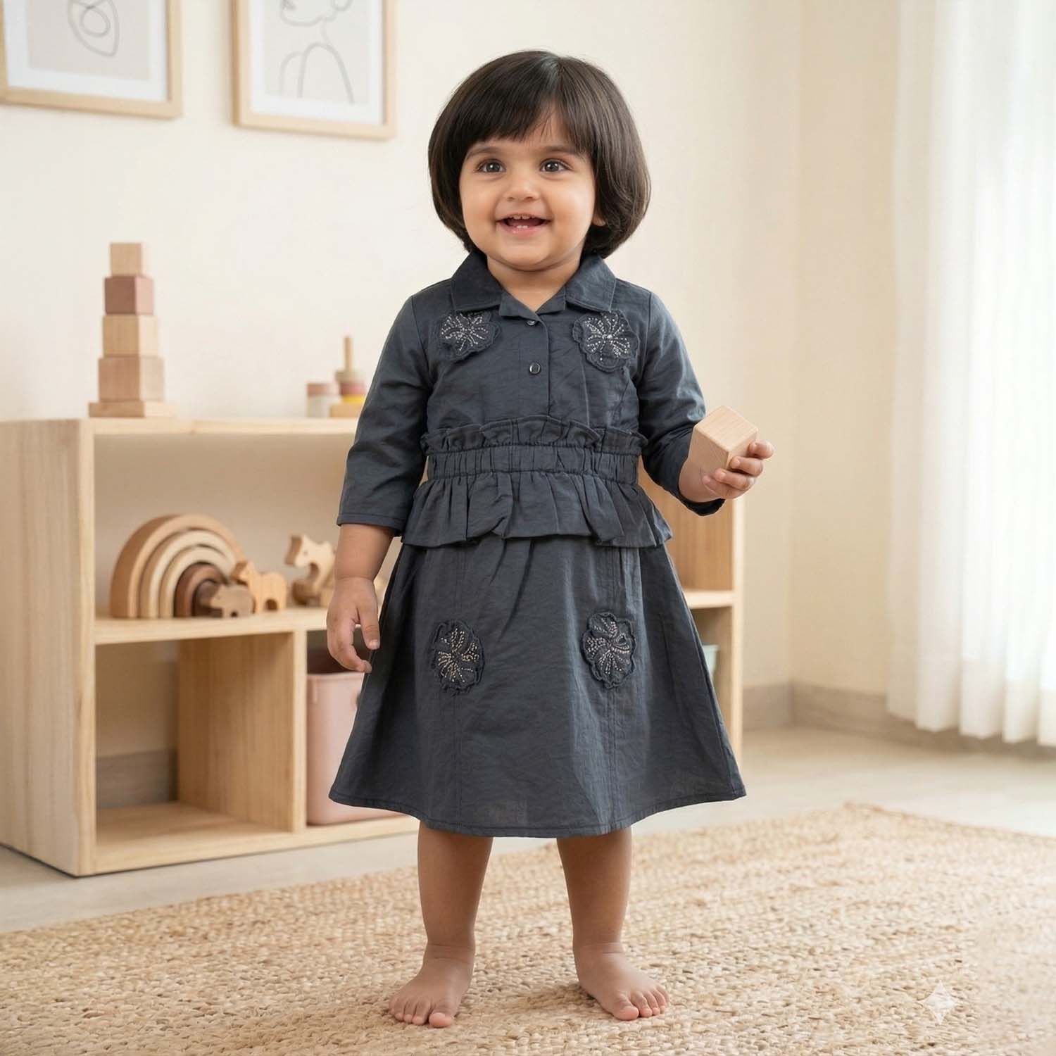 Baby Moo Woven 3/4th Sleeves Solid Coloured Peplum Dress - Navy Blue