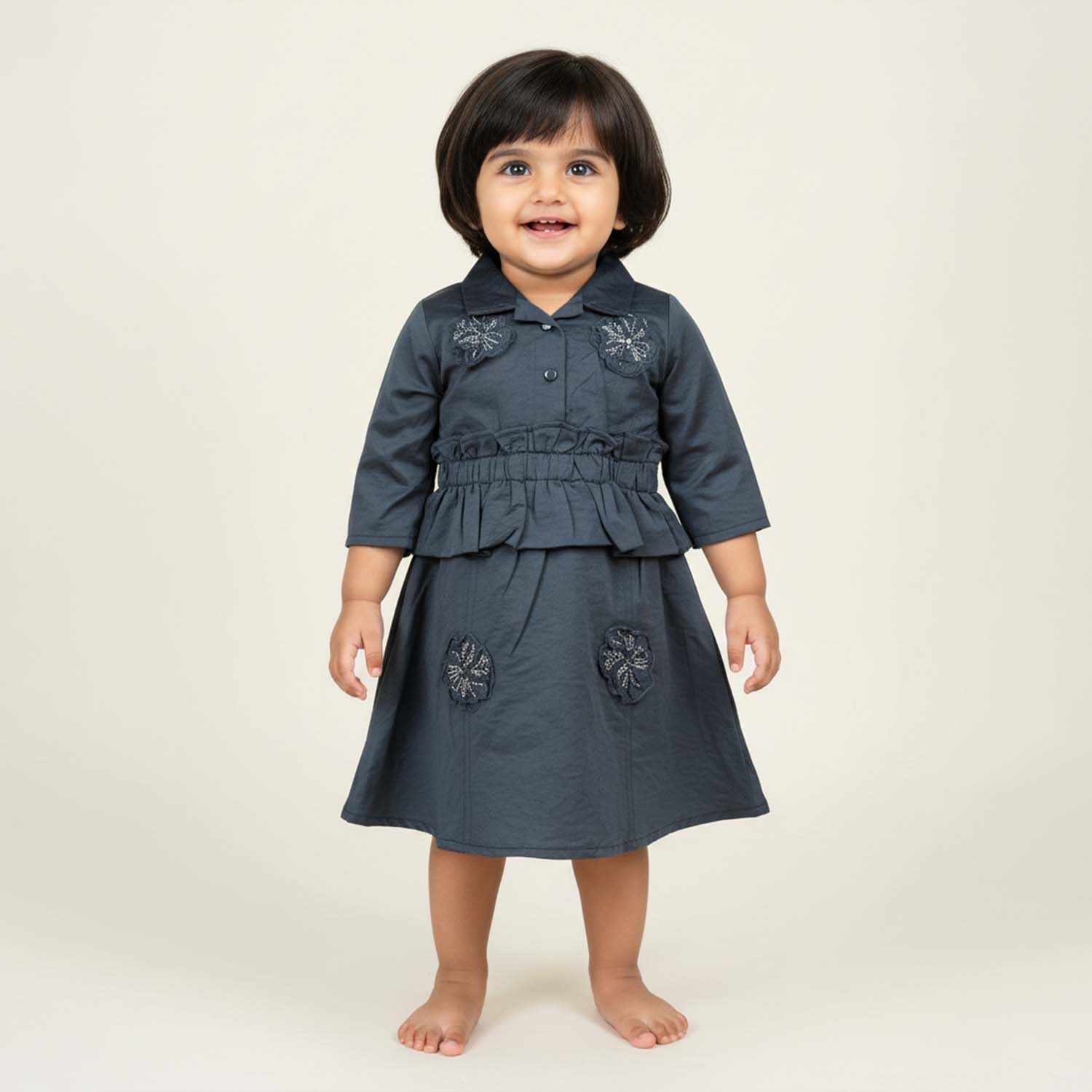 Baby Moo Woven 3/4th Sleeves Solid Coloured Peplum Dress - Navy Blue