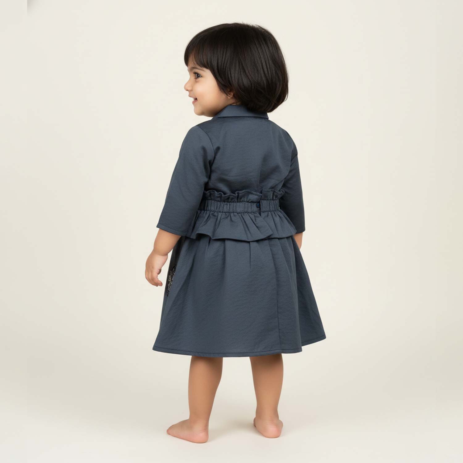 Baby Moo Woven 3/4th Sleeves Solid Coloured Peplum Dress - Navy Blue