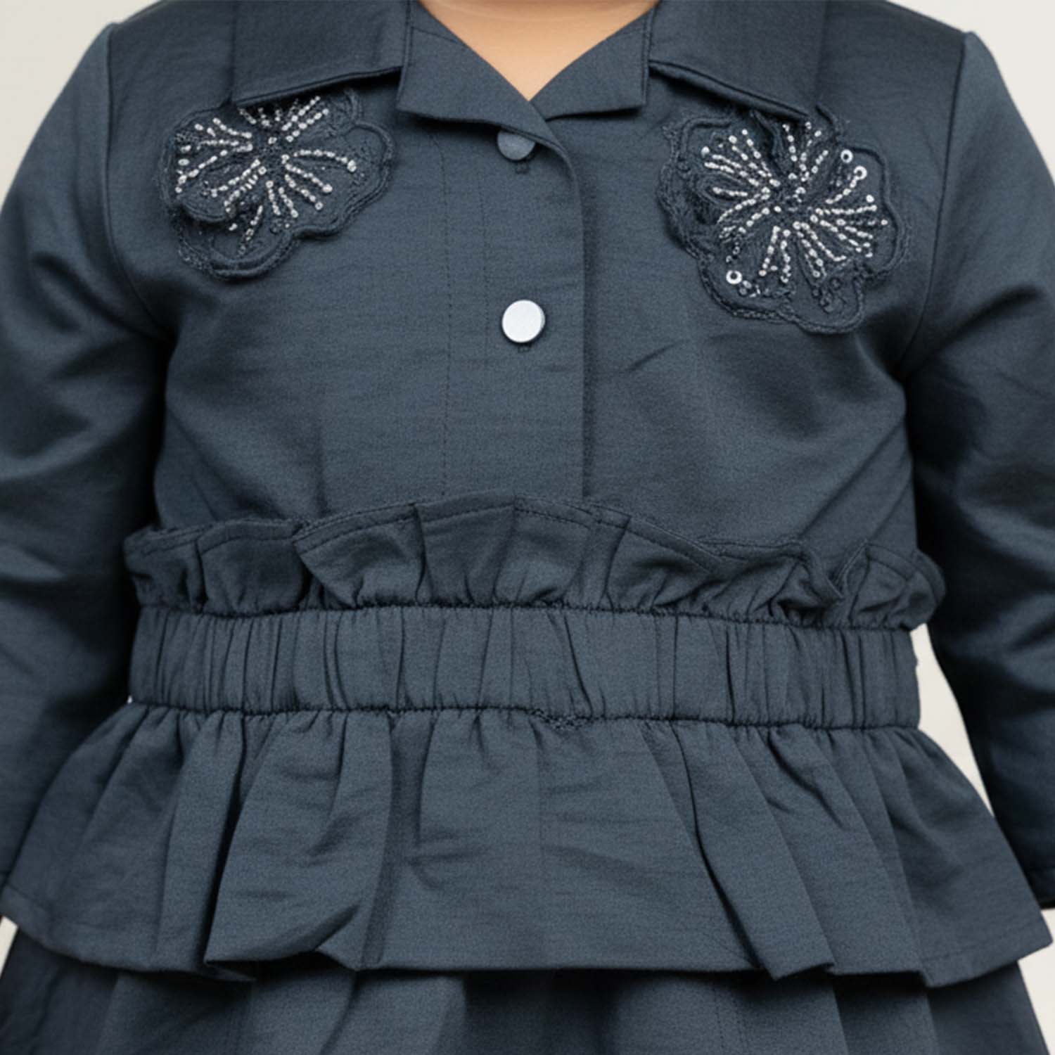 Baby Moo Woven 3/4th Sleeves Solid Coloured Peplum Dress - Navy Blue