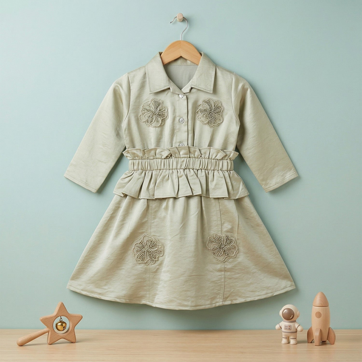 Baby Moo Woven 3/4th Sleeves Solid Coloured Peplum Dress - Sage Green