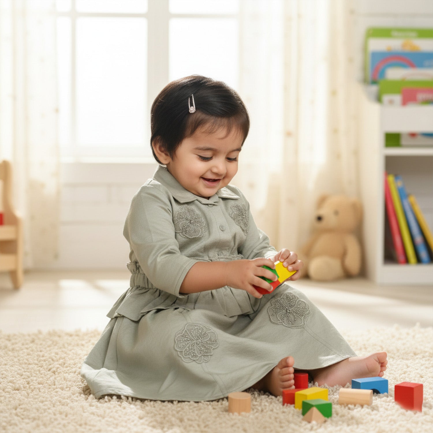 Baby Moo Woven 3/4th Sleeves Solid Coloured Peplum Dress - Sage Green